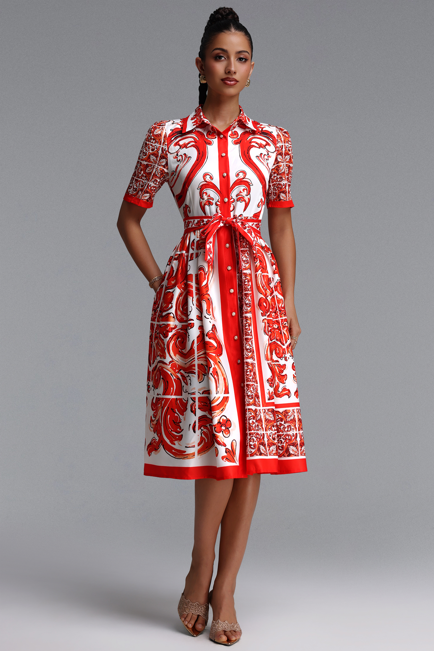 Okama Romantic Flowy Short Sleeve Floral Print Woven Midi Dress