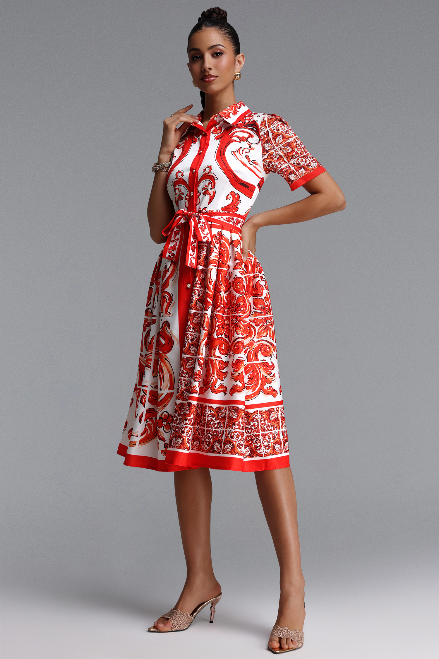 Okama Romantic Flowy Short Sleeve Floral Print Woven Midi Dress