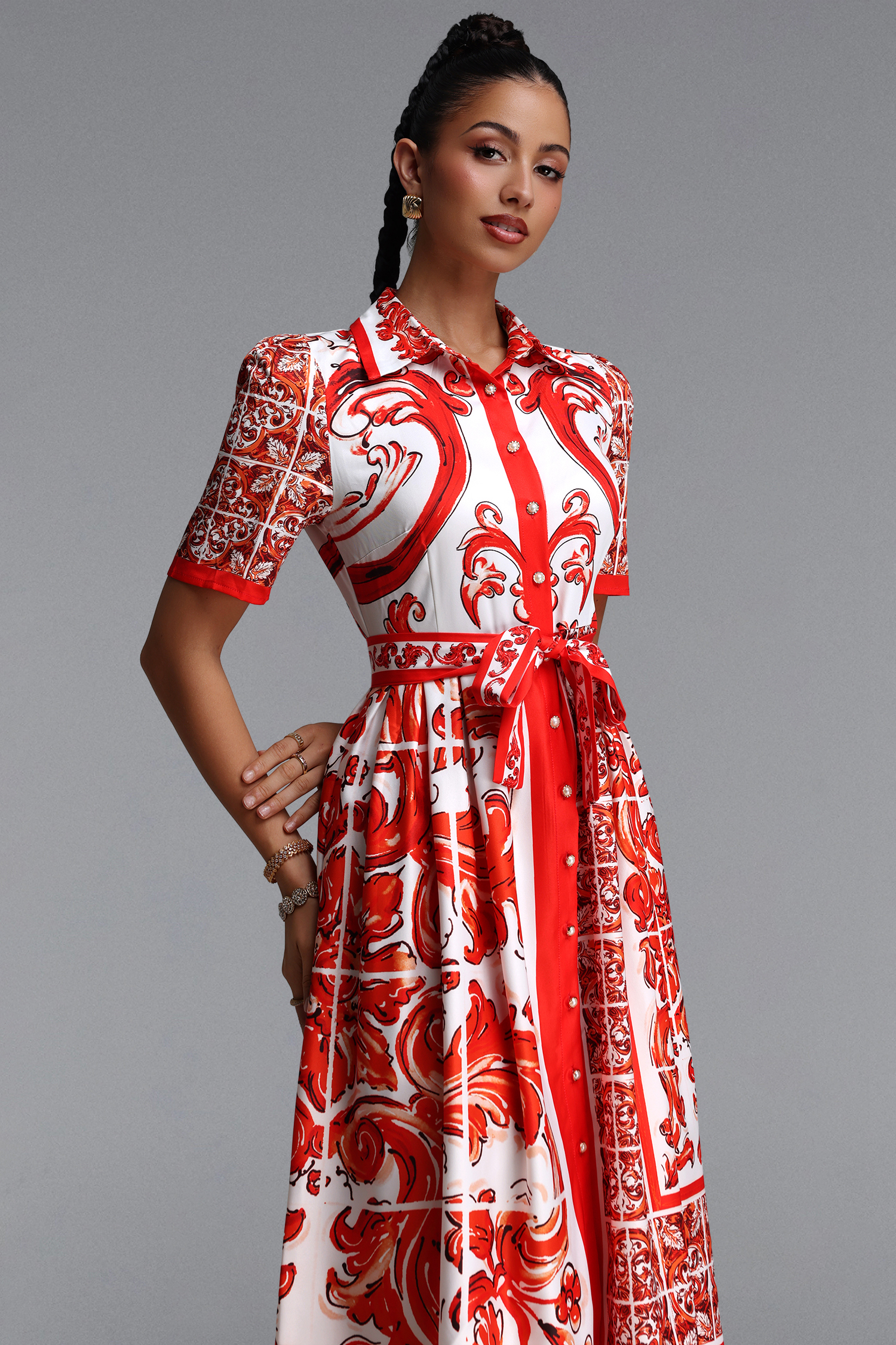 Okama Romantic Flowy Short Sleeve Floral Print Woven Midi Dress