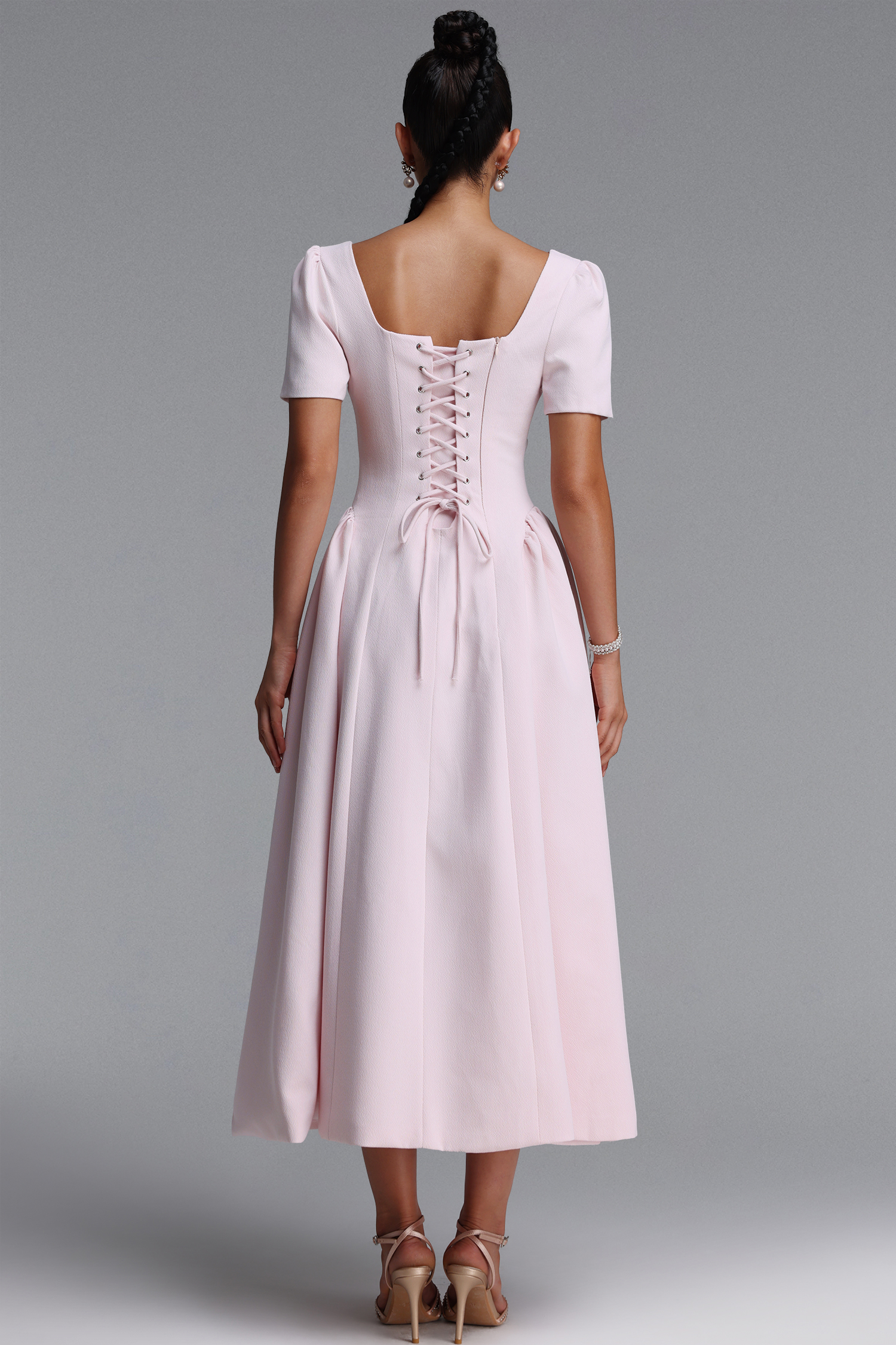 Verza Elegant Tailored Short Sleeve Rhinestone Woven Pink Maxi Dress