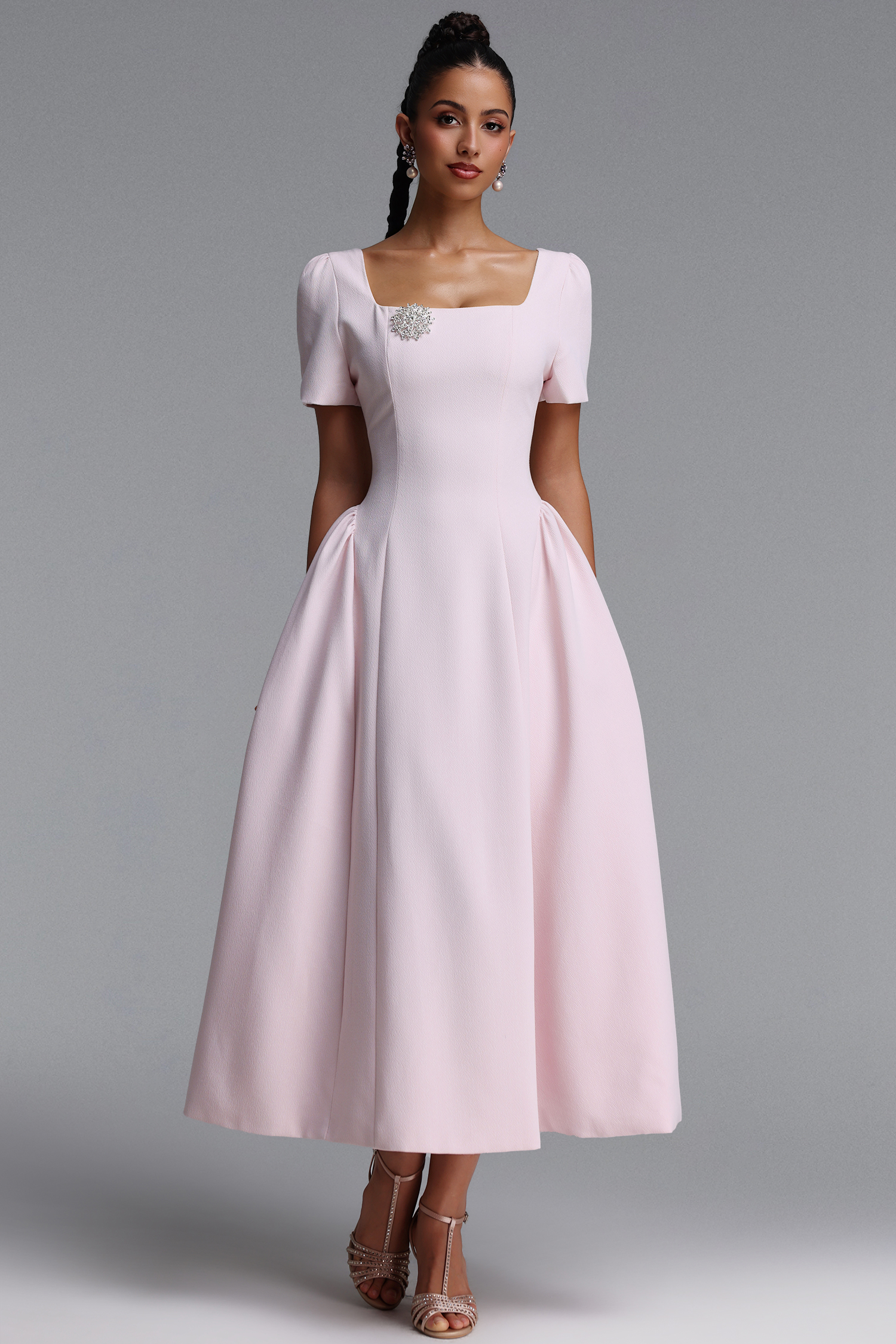 Verza Elegant Tailored Short Sleeve Rhinestone Woven Pink Maxi Dress