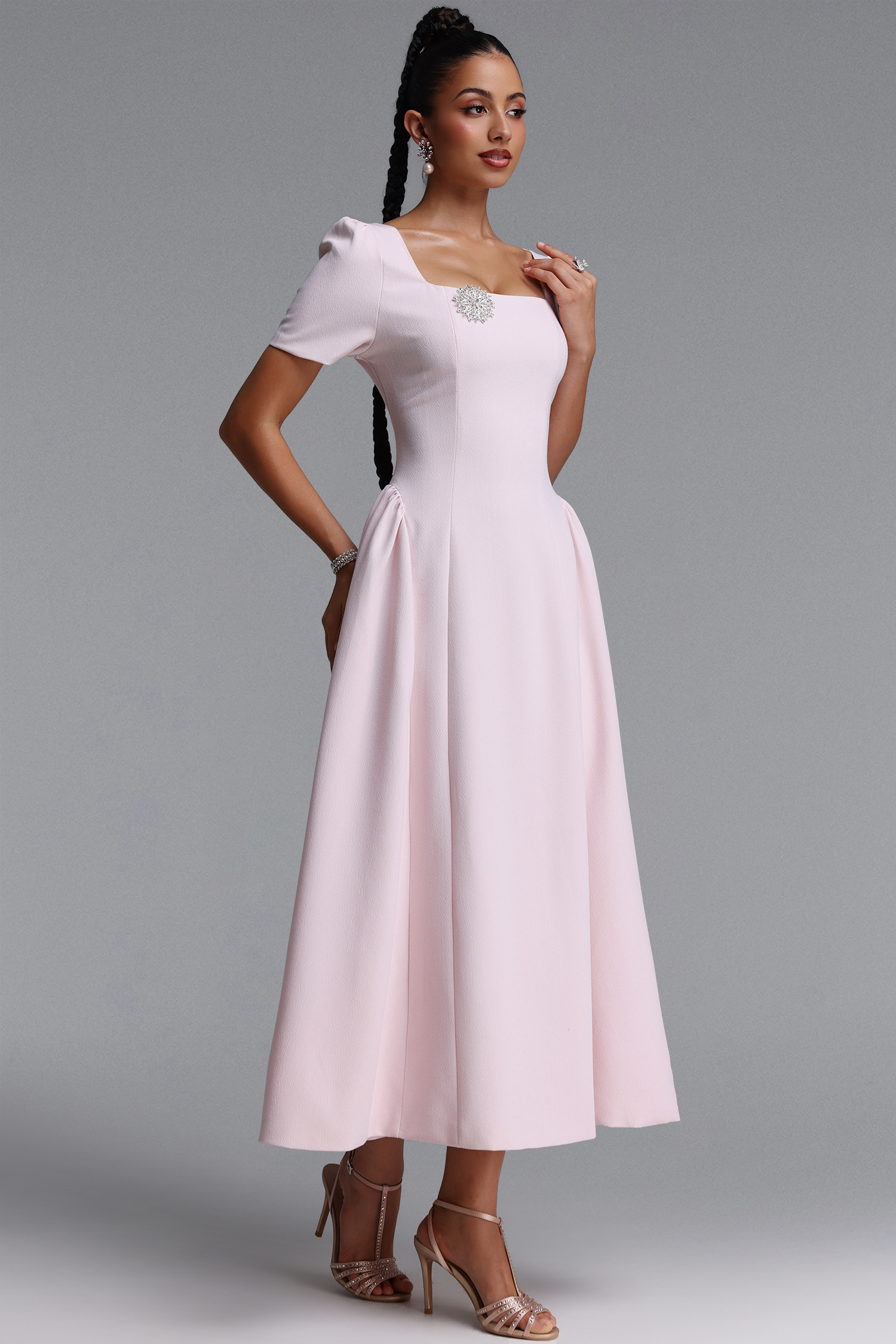 Verza Elegant Tailored Short Sleeve Rhinestone Woven Pink Maxi Dress