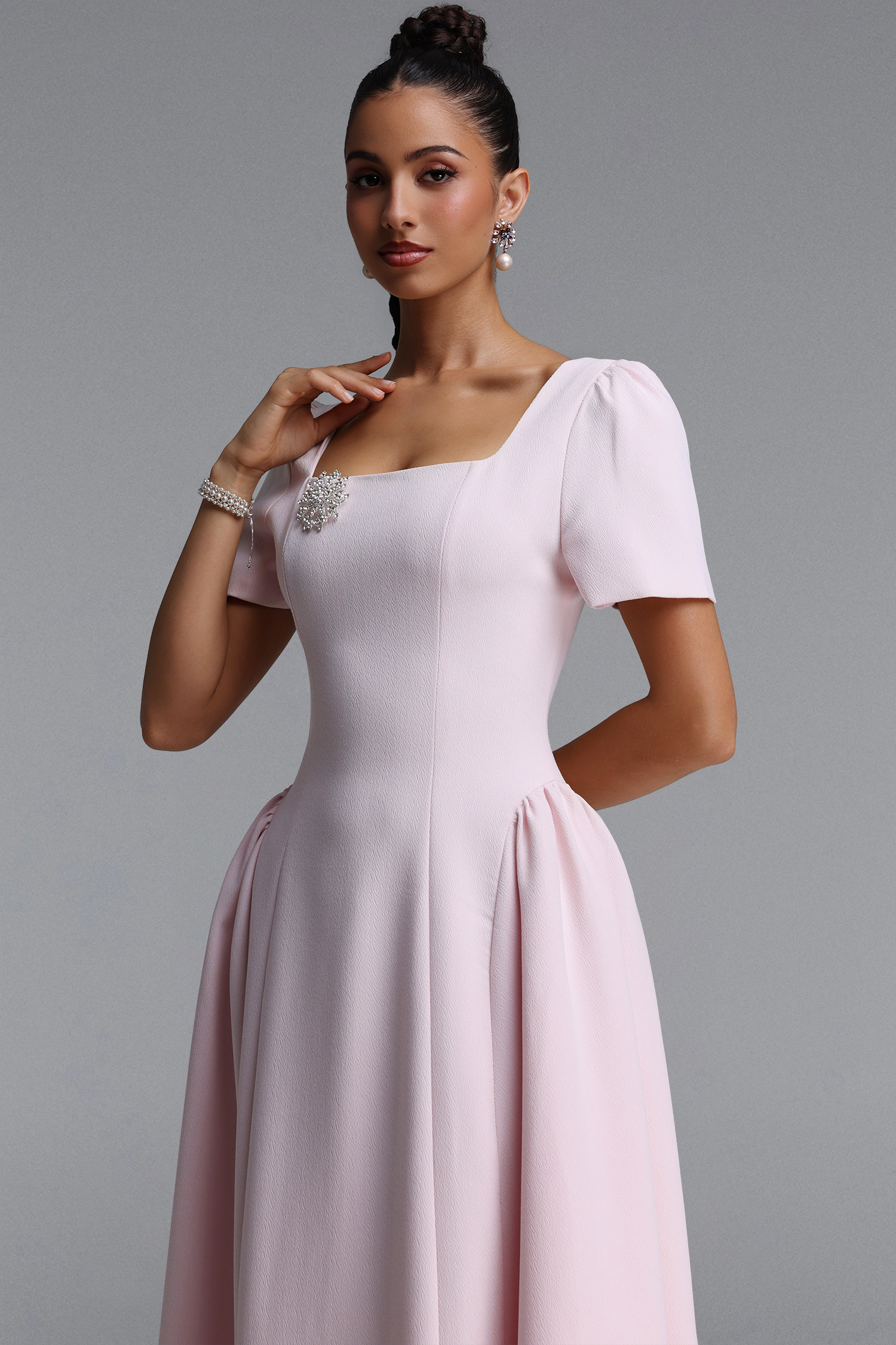 Verza Elegant Tailored Short Sleeve Rhinestone Woven Pink Maxi Dress