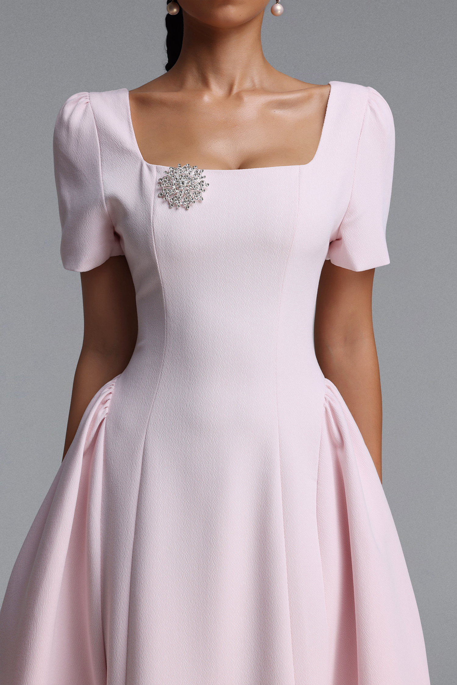 Verza Elegant Tailored Short Sleeve Rhinestone Woven Pink Maxi Dress