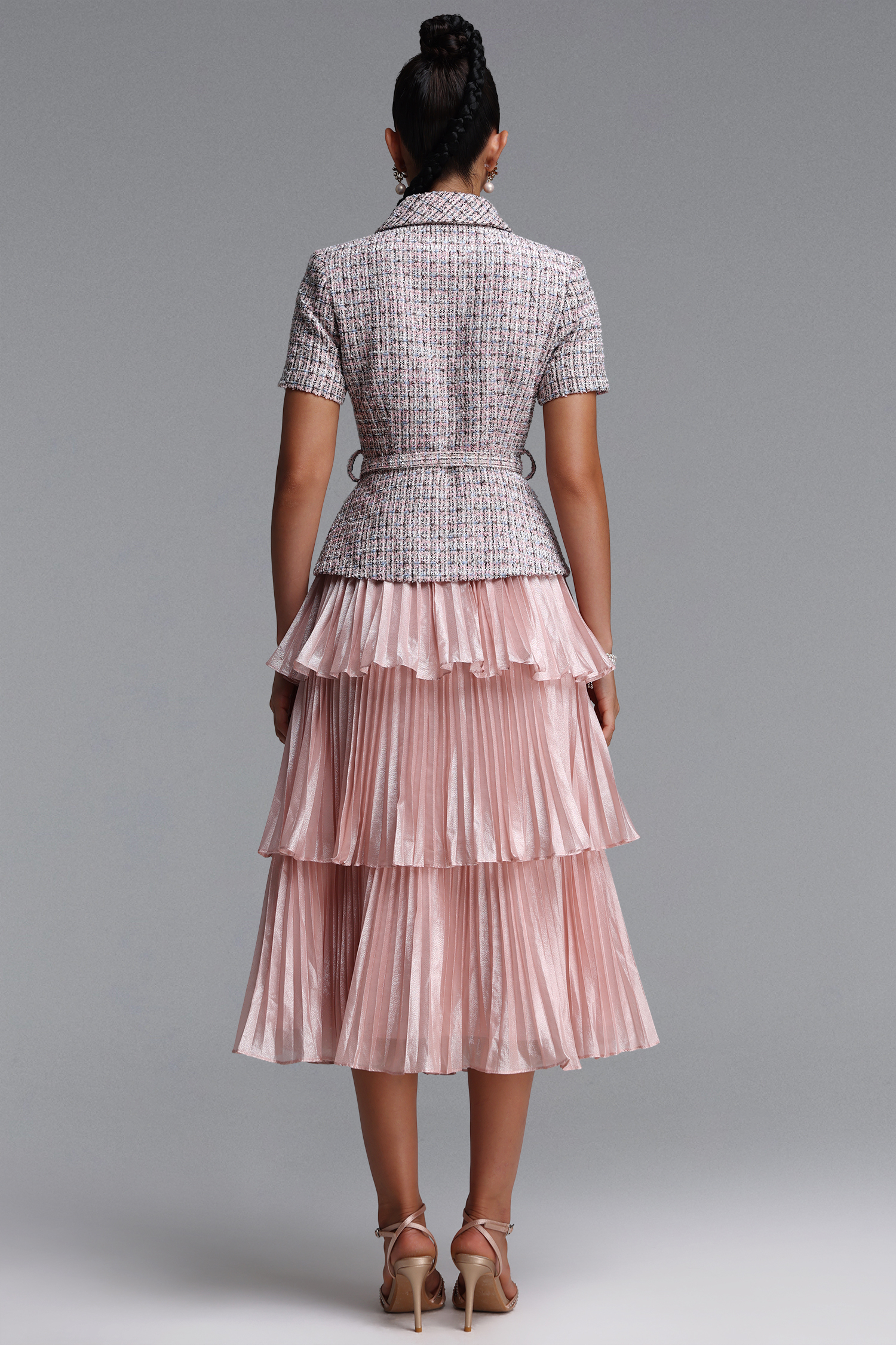 Fabia Elegant Tailored Short Sleeve Pleated Woven Maxi Dress