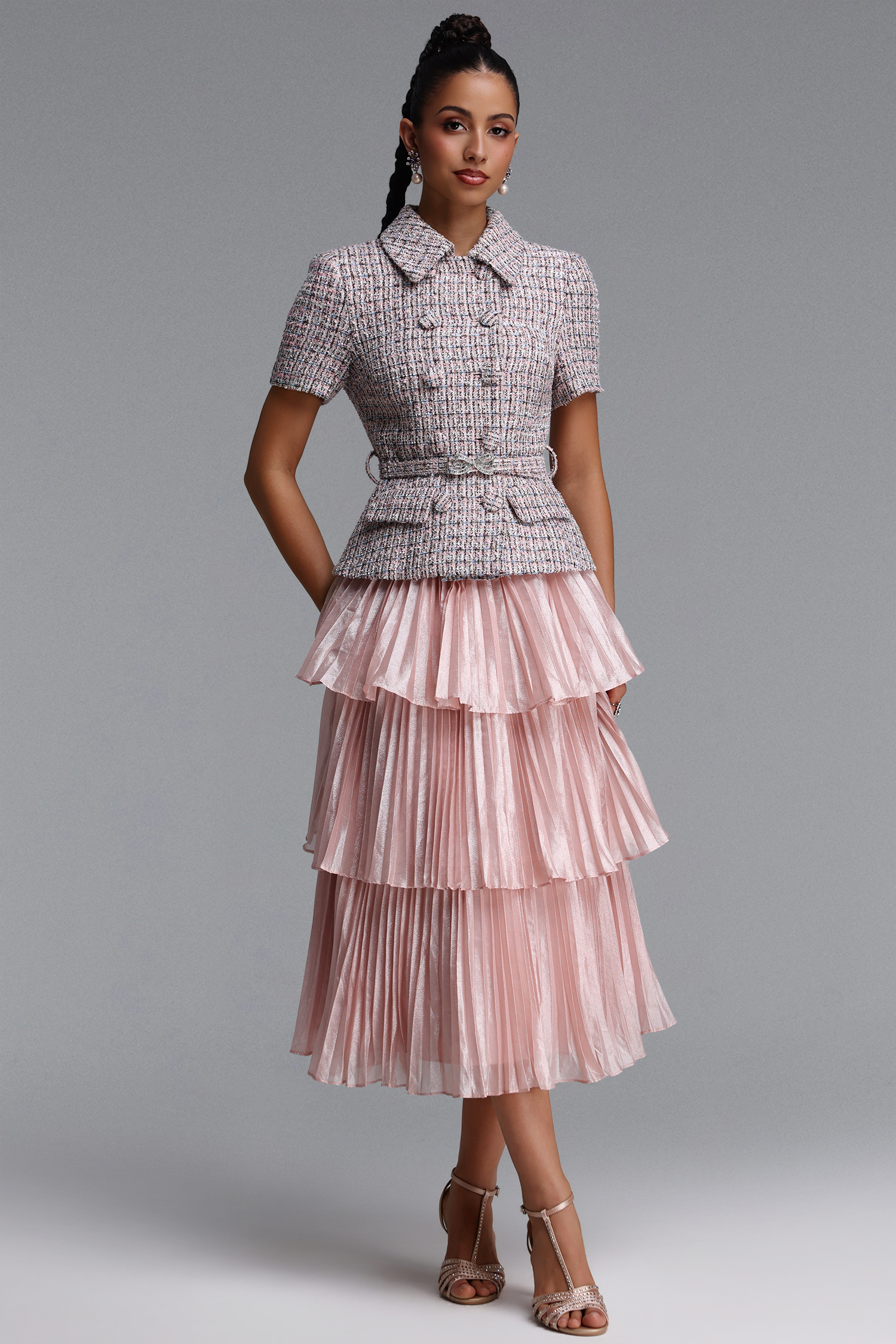 Fabia Elegant Tailored Short Sleeve Pleated Woven Maxi Dress