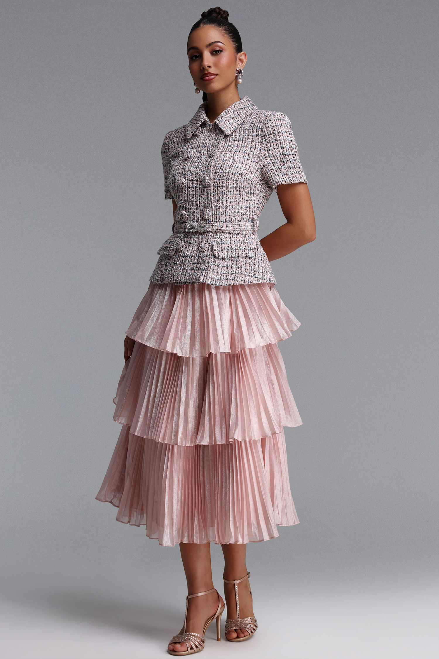 Fabia Elegant Tailored Short Sleeve Pleated Woven Maxi Dress