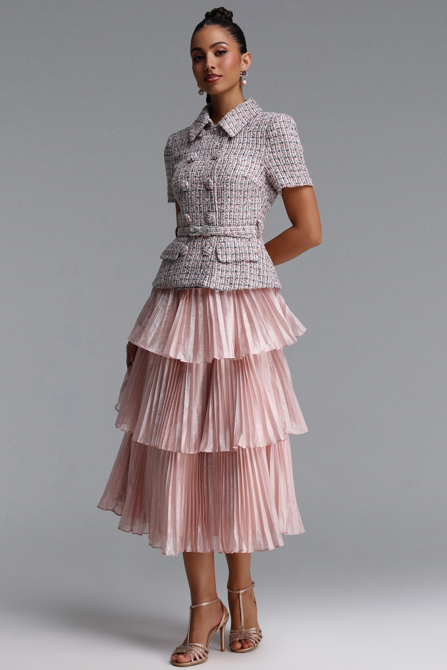 Fabia Elegant Tailored Short Sleeve Pleated Woven Maxi Dress