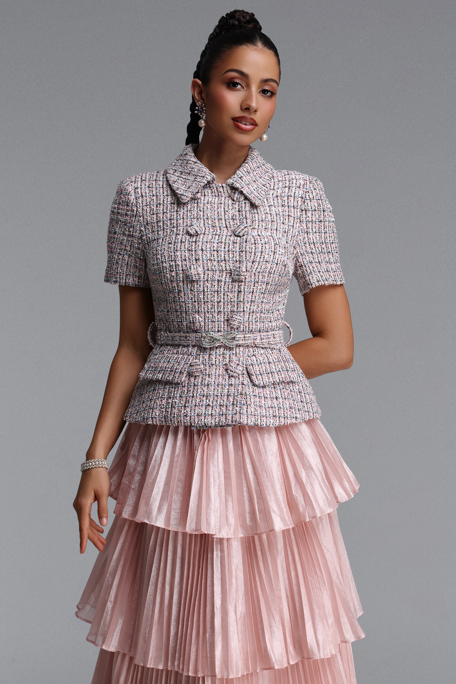 Fabia Elegant Tailored Short Sleeve Pleated Woven Maxi Dress