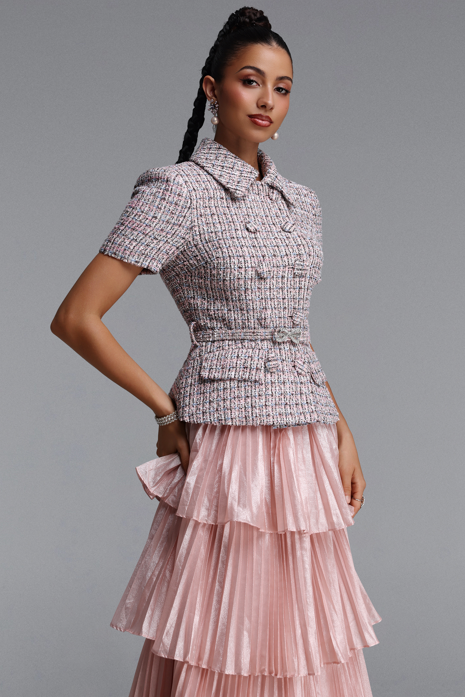 Fabia Elegant Tailored Short Sleeve Pleated Woven Maxi Dress