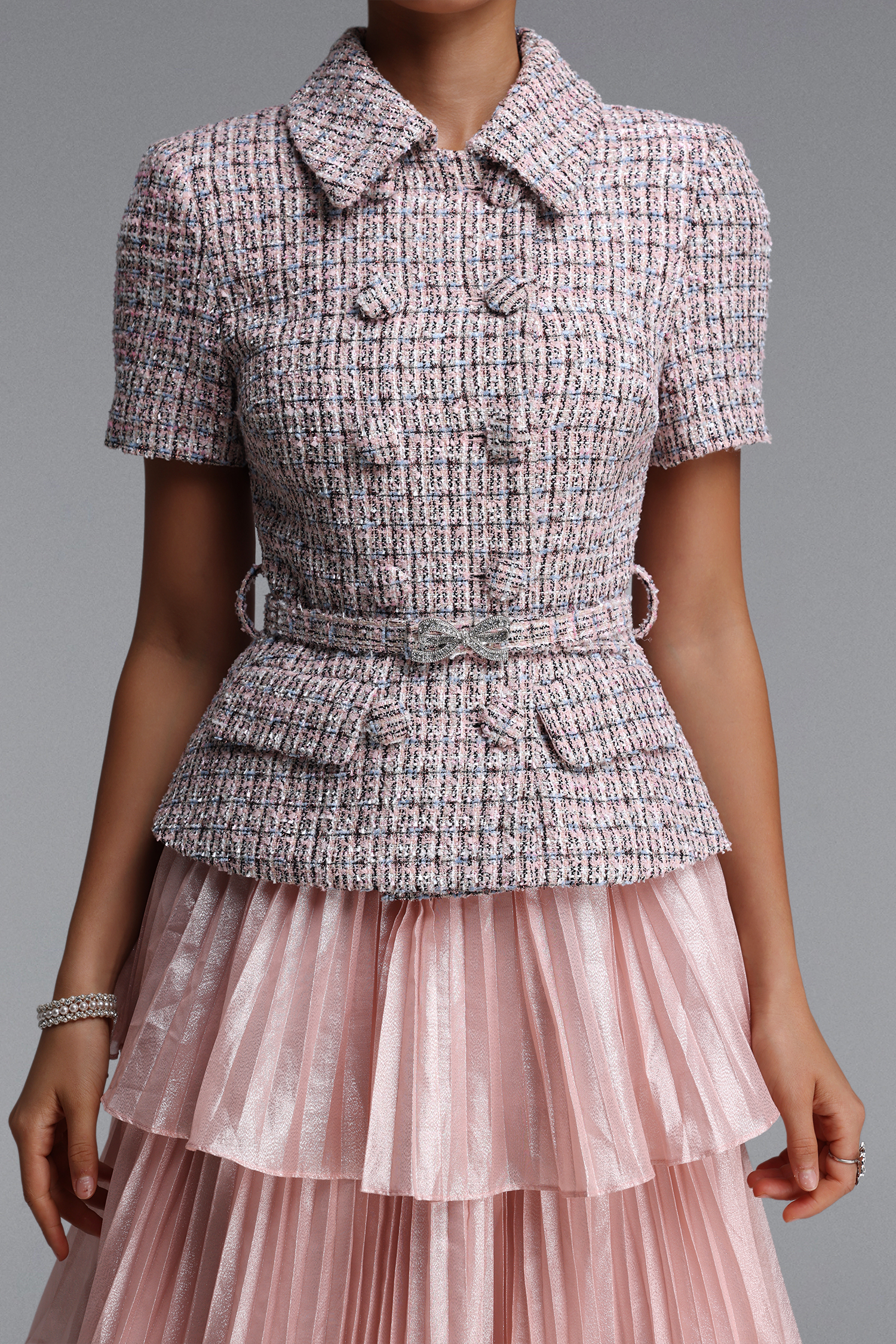 Fabia Elegant Tailored Short Sleeve Pleated Woven Maxi Dress