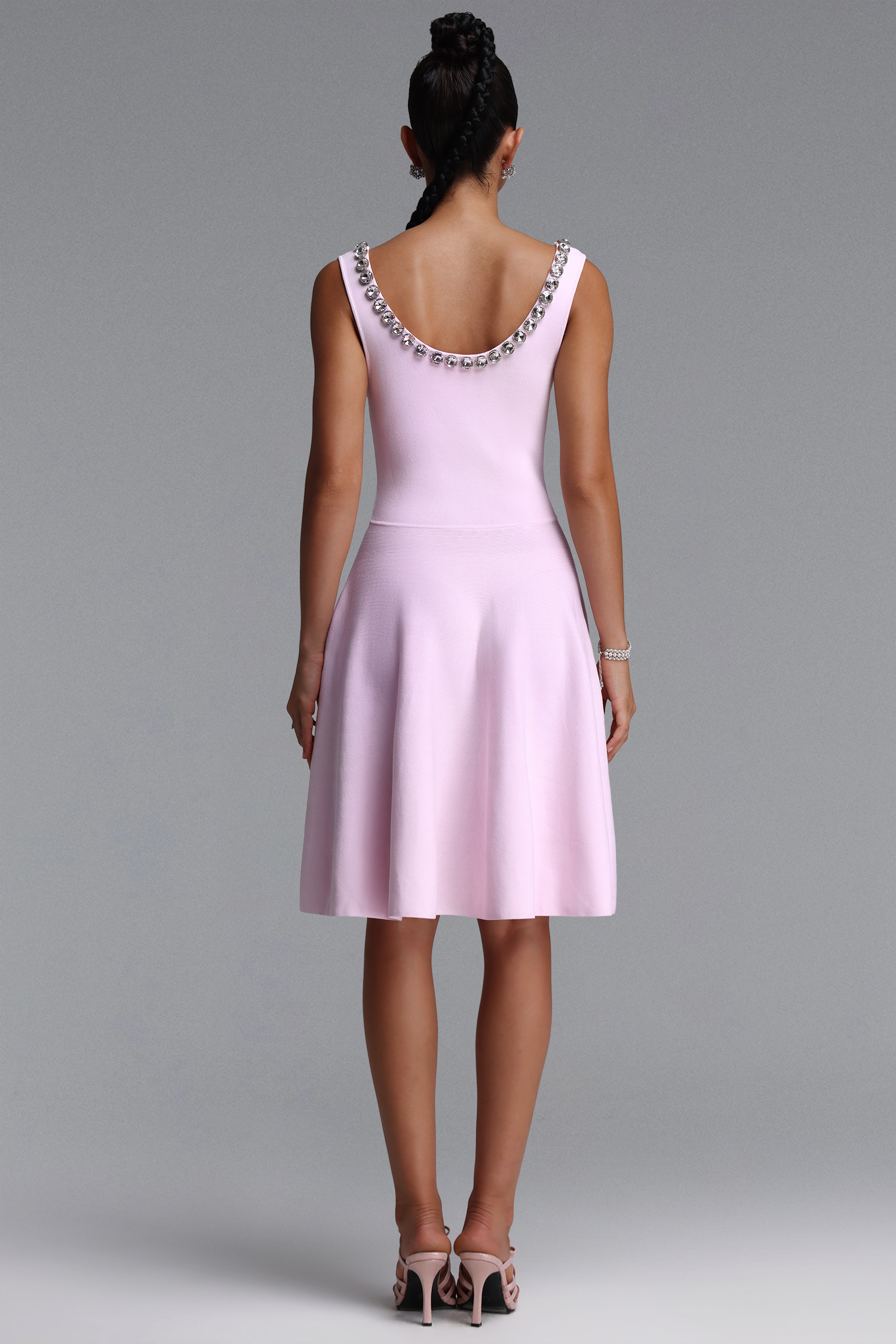 Oly Elegant Contour Sleeveless Rhinestone Knit Mini Dress