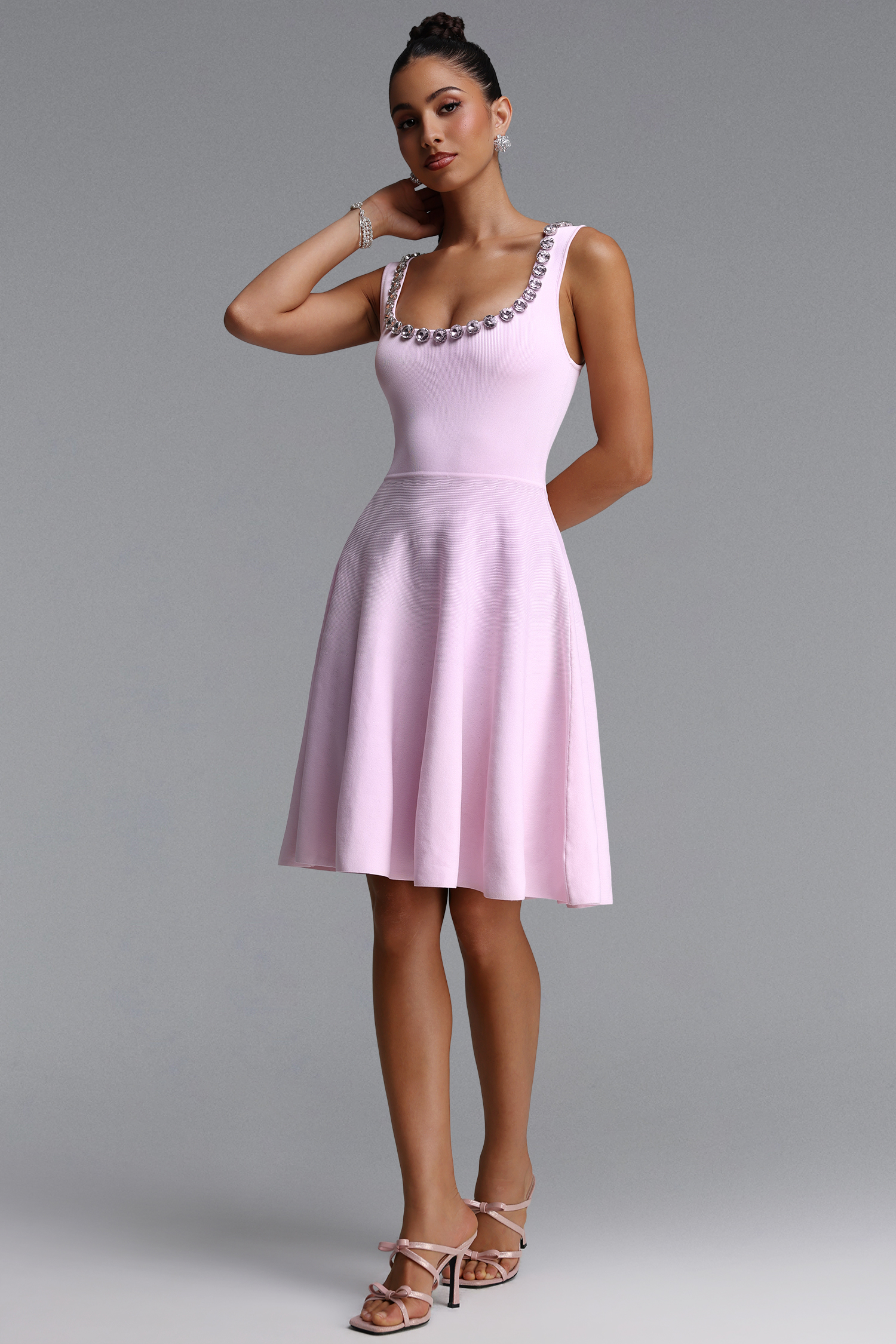 Oly Elegant Contour Sleeveless Rhinestone Knit Mini Dress
