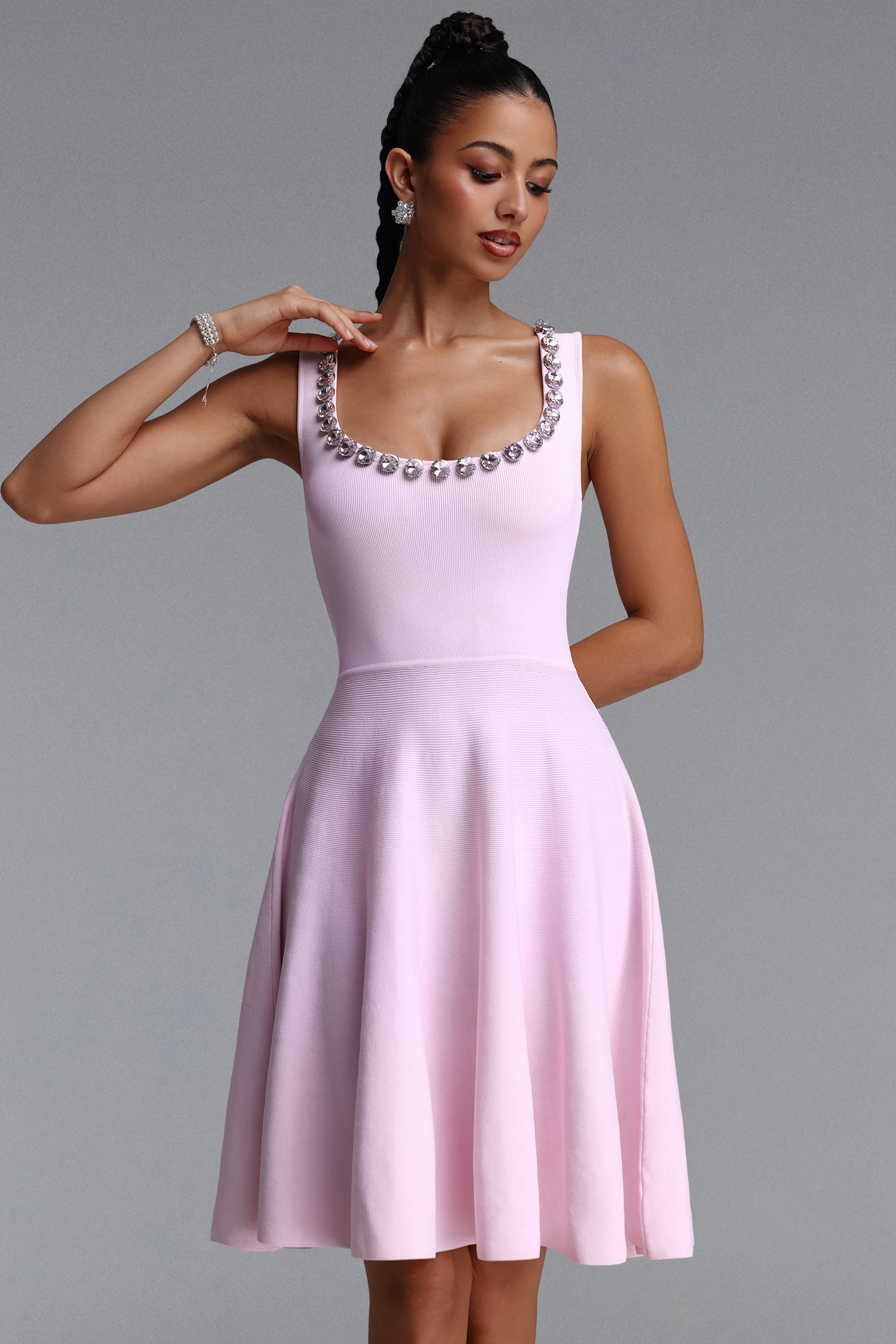 Oly Elegant Contour Sleeveless Rhinestone Knit Mini Dress