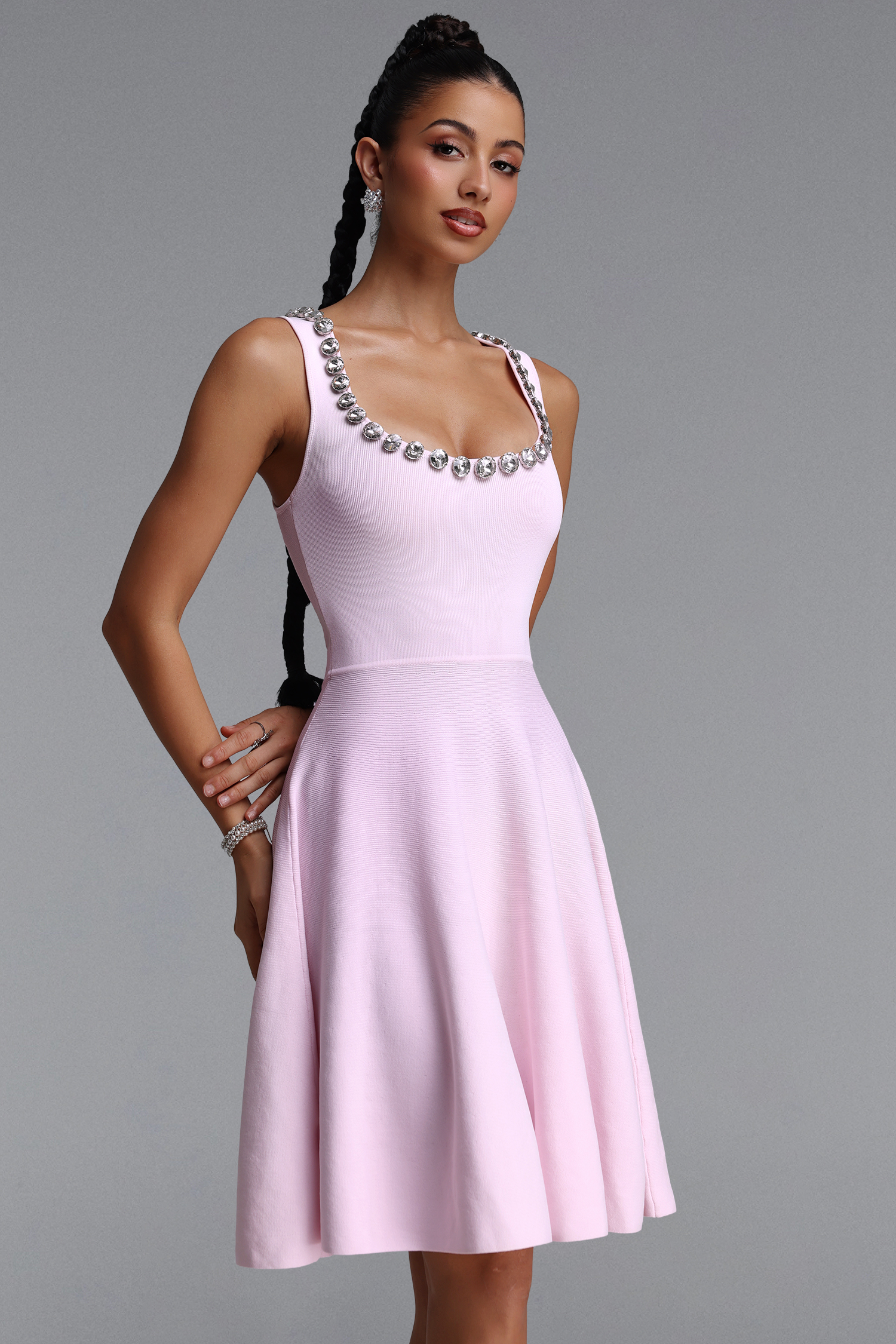 Sshopping Oly Elegant Contour Sleeveless Rhinestone Knit Mini Dress