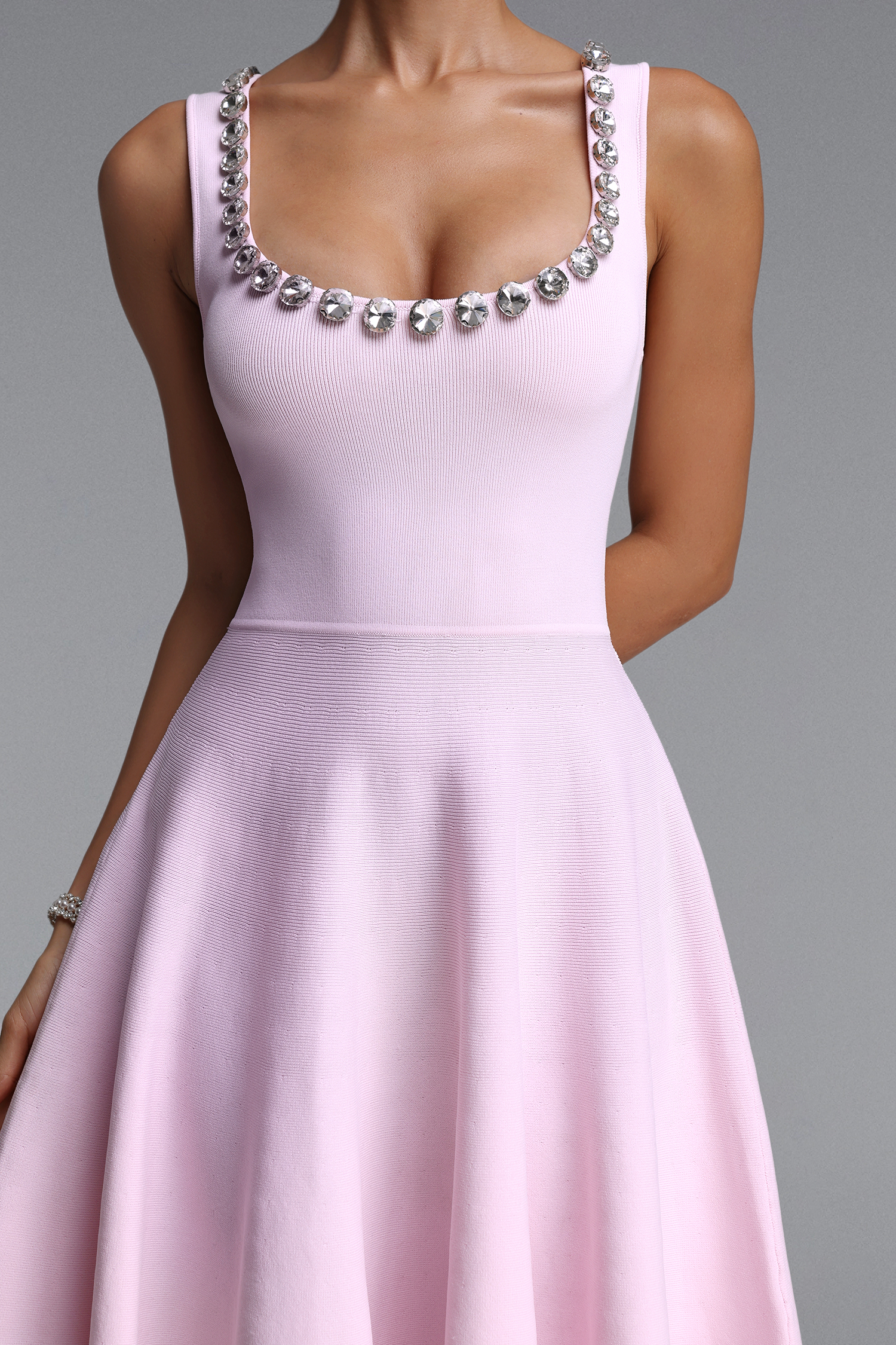 Oly Elegant Contour Sleeveless Rhinestone Knit Mini Dress