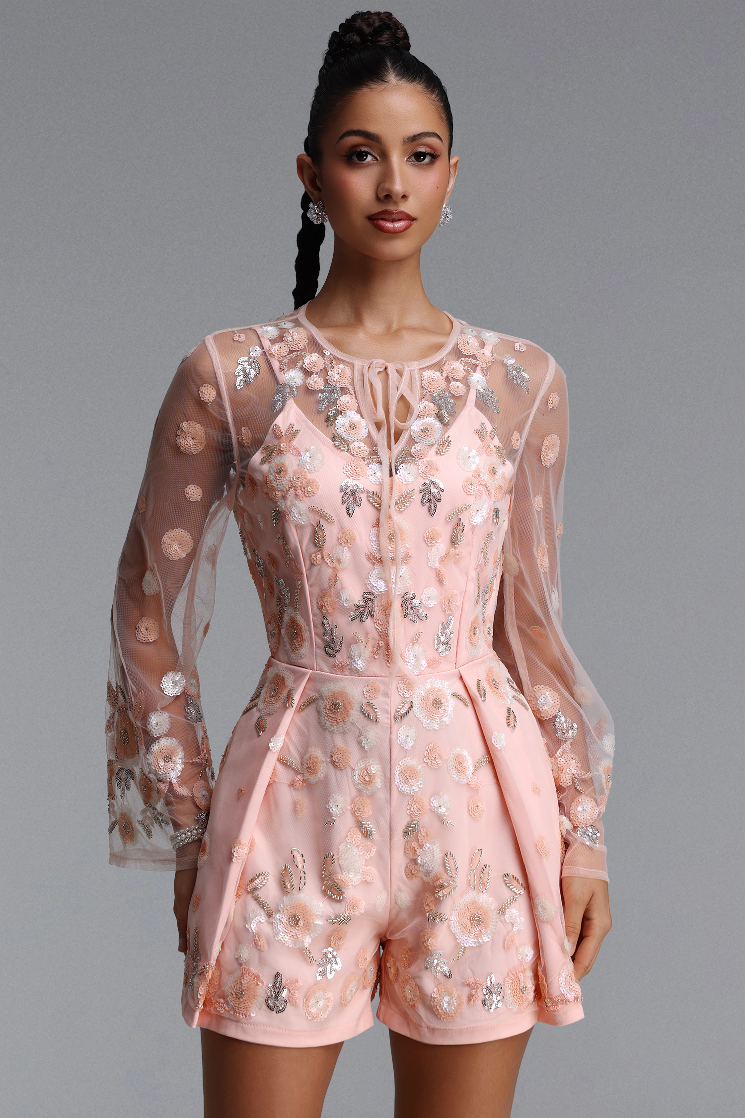 Labiny Romantic Tailored Long Sleeve Floral Embroidered Woven Romper