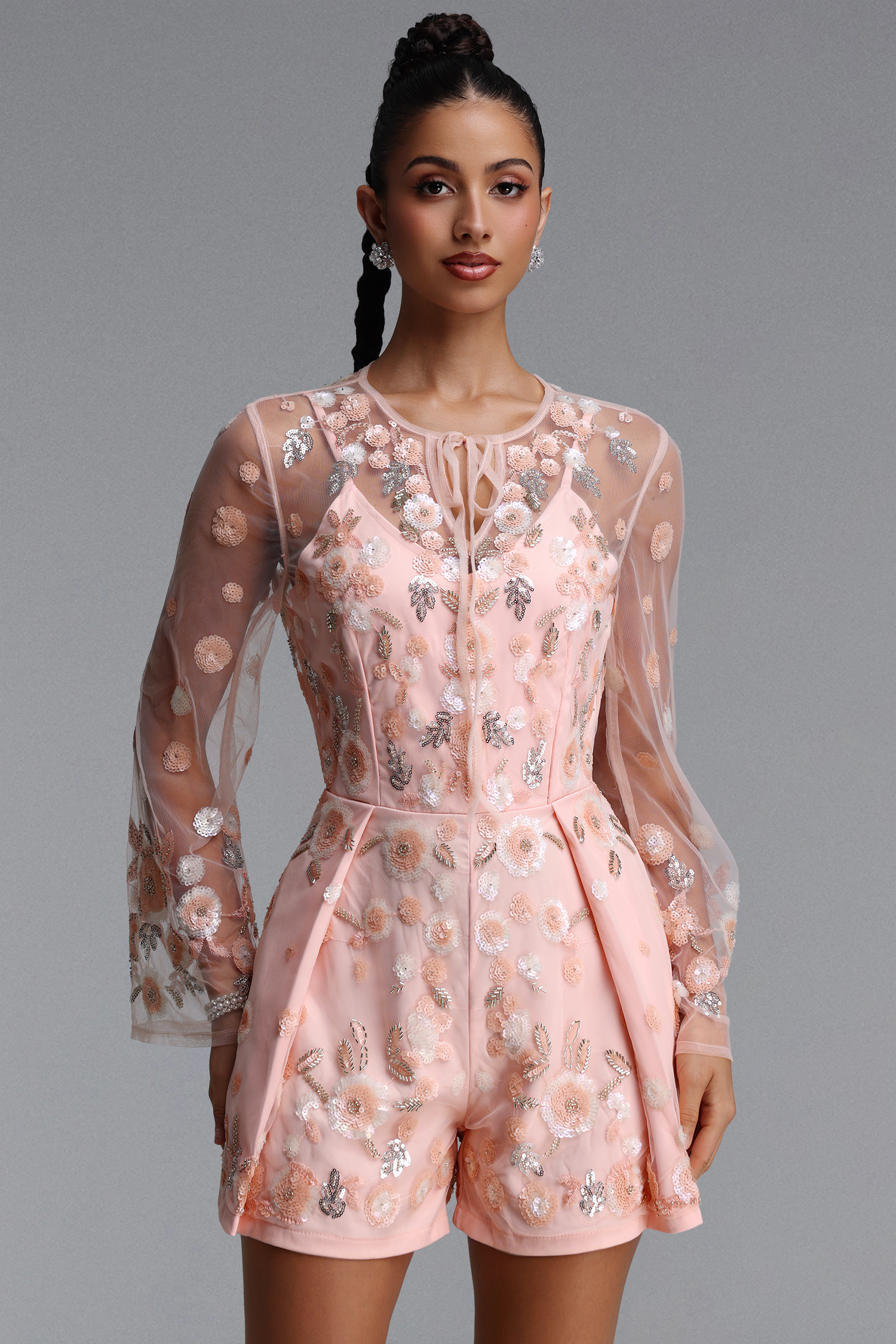 Labiny Romantic Tailored Long Sleeve Floral Embroidered Woven Romper