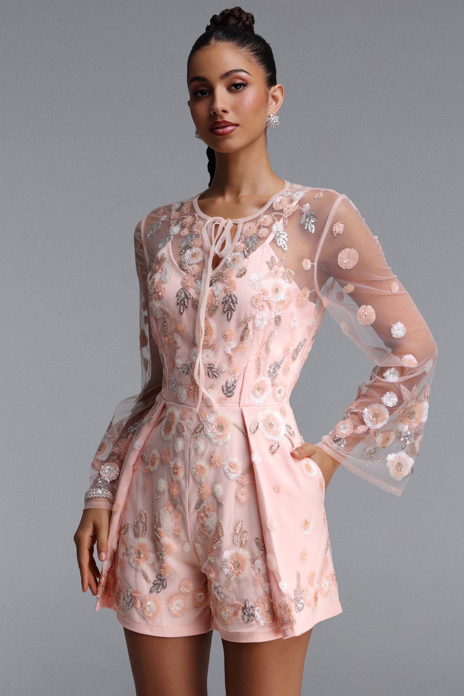 Labiny Romantic Tailored Long Sleeve Floral Embroidered Woven Romper