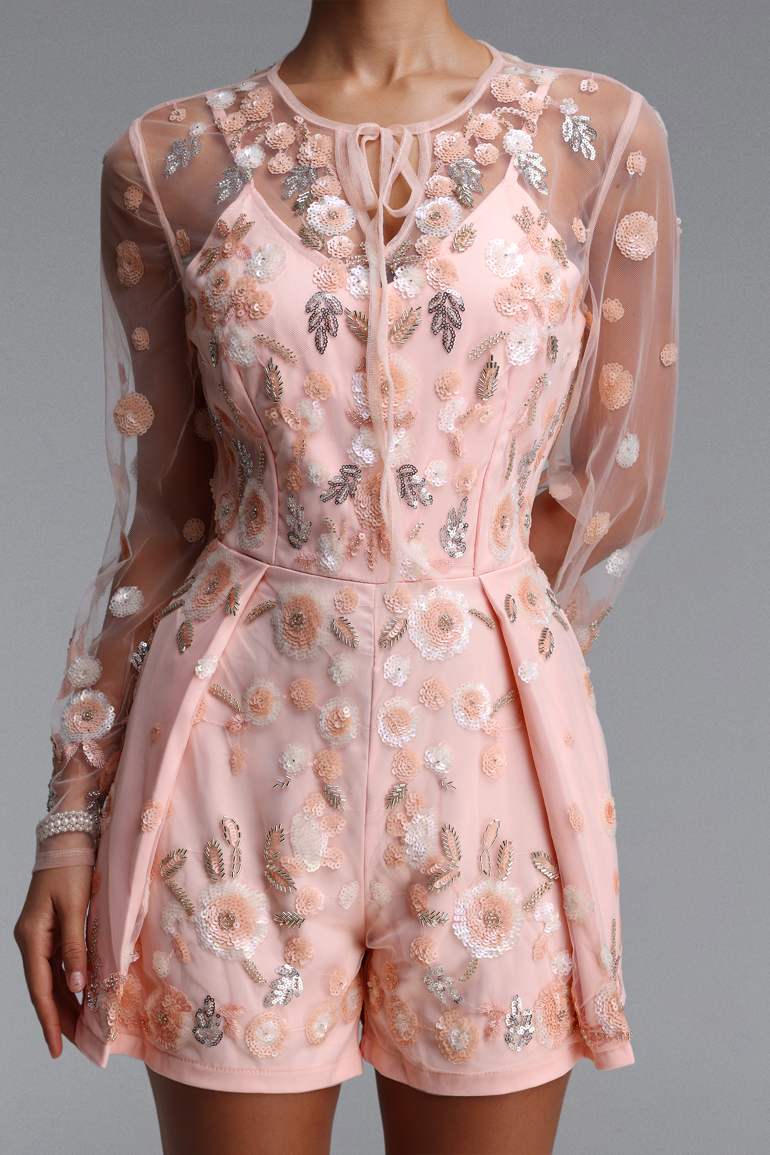 Labiny Romantic Tailored Long Sleeve Floral Embroidered Woven Romper