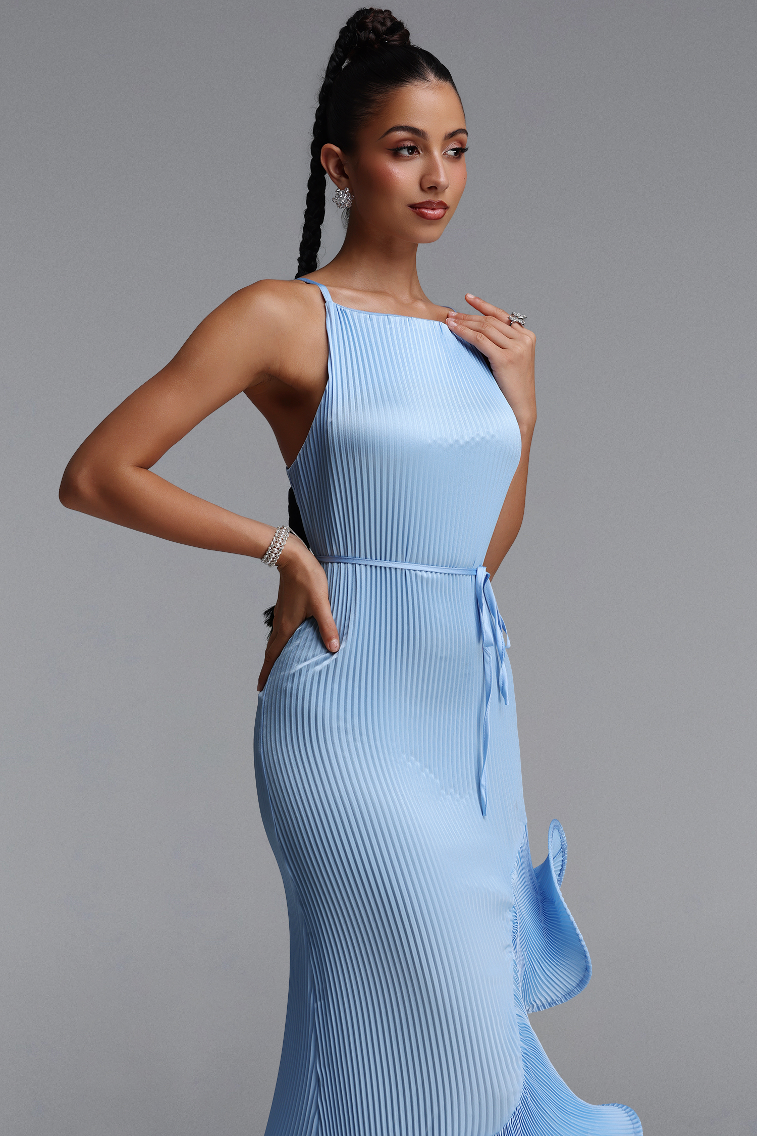 Rerily Resort Flowy Sleeveless Asymmetric Ruffle Pleated Woven Blue Midi Dress