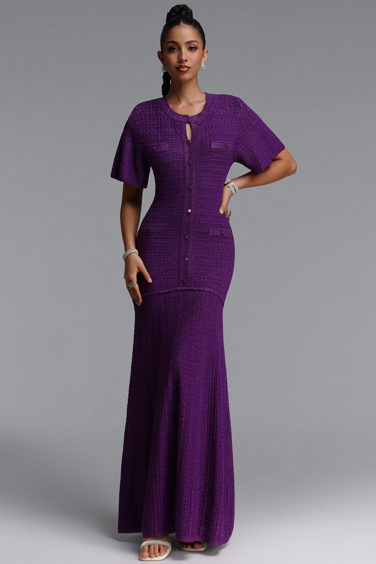Melany Elegant Contour Round Neck Short Sleeve Knit Maxi Dress