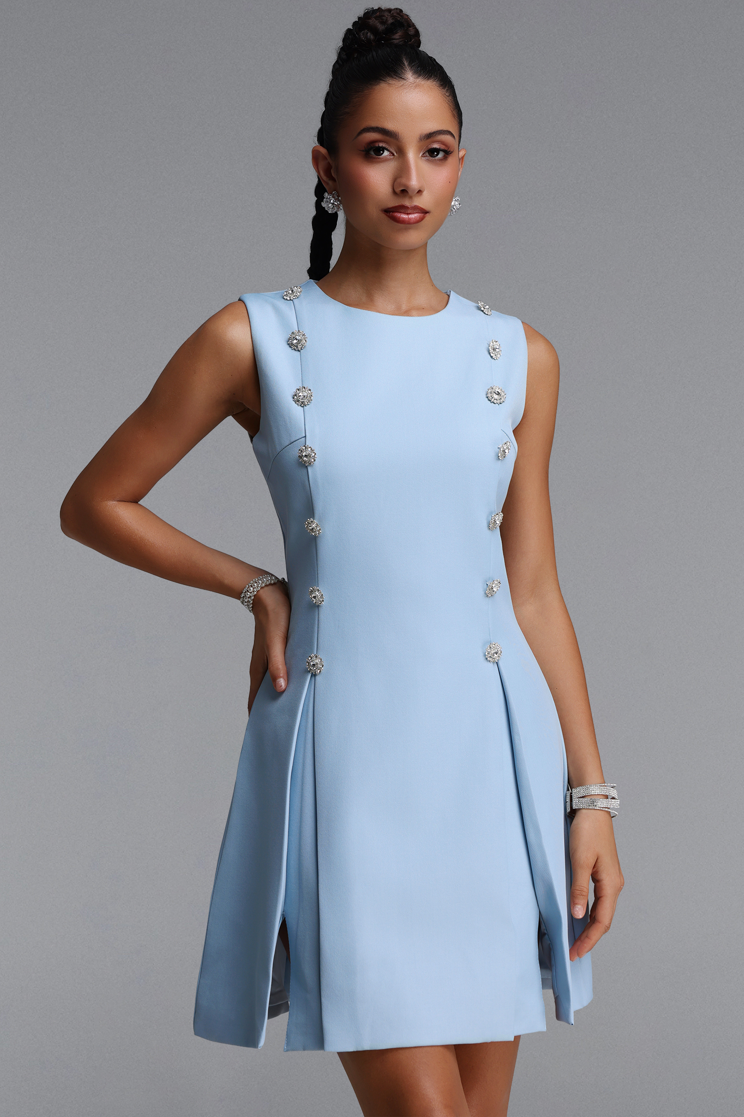 Viki Chic Tailored Round Neck Sleeveless Rhinestone Woven Mini Dress