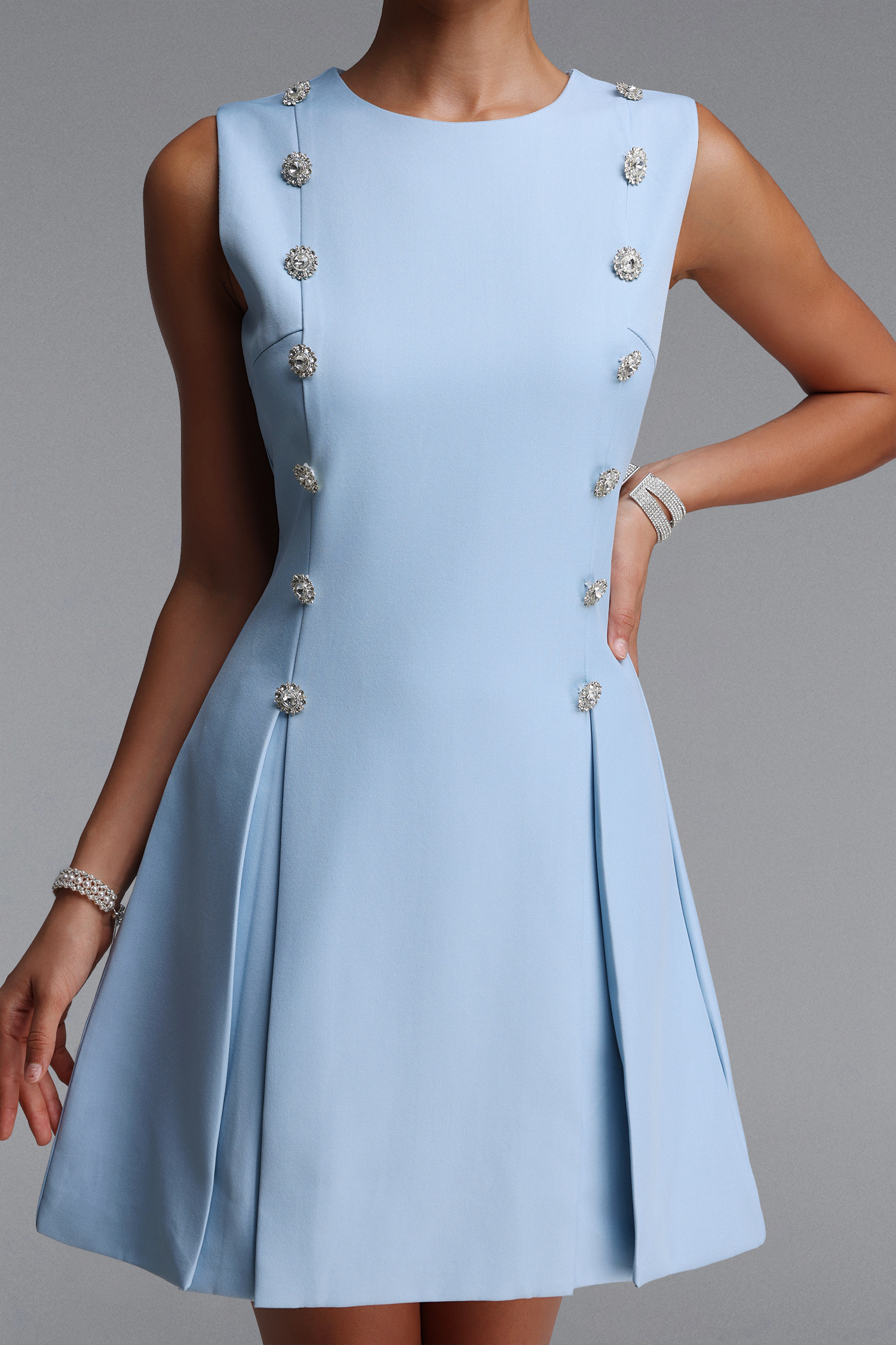 Viki Chic Tailored Round Neck Sleeveless Rhinestone Woven Mini Dress