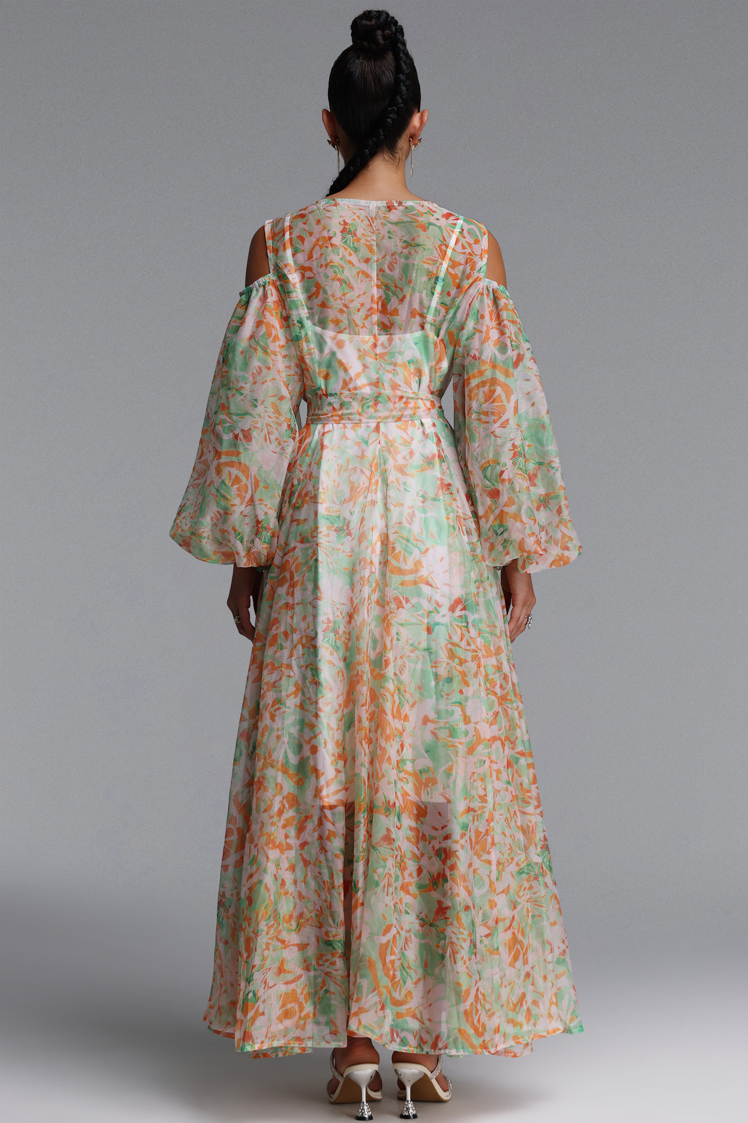 Harriet Romantic Flowy Long Sleeve Floral Print Organza Maxi Dress