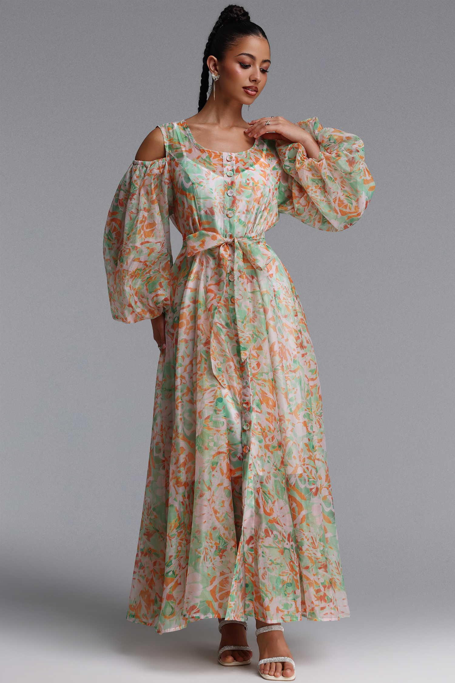 Harriet Romantic Flowy Long Sleeve Floral Print Organza Maxi Dress