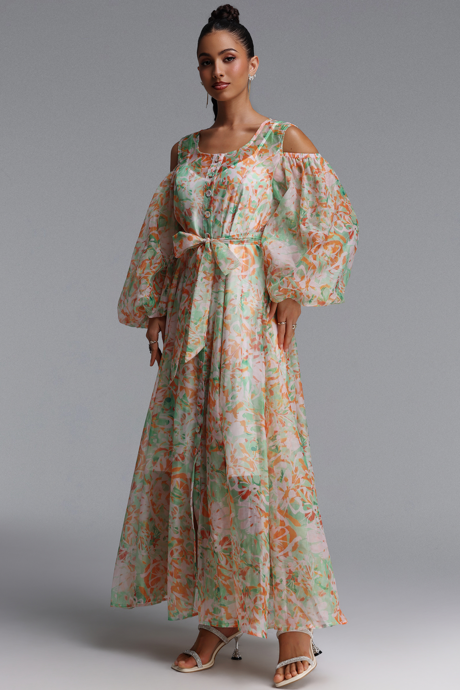 Harriet Romantic Flowy Long Sleeve Floral Print Organza Maxi Dress