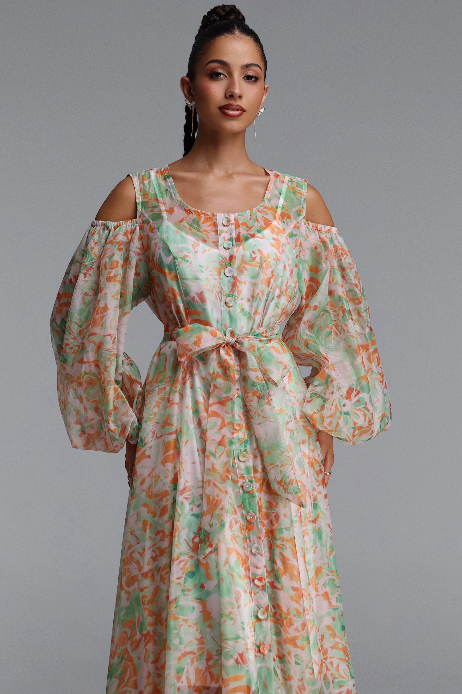 Harriet Romantic Flowy Long Sleeve Floral Print Organza Maxi Dress