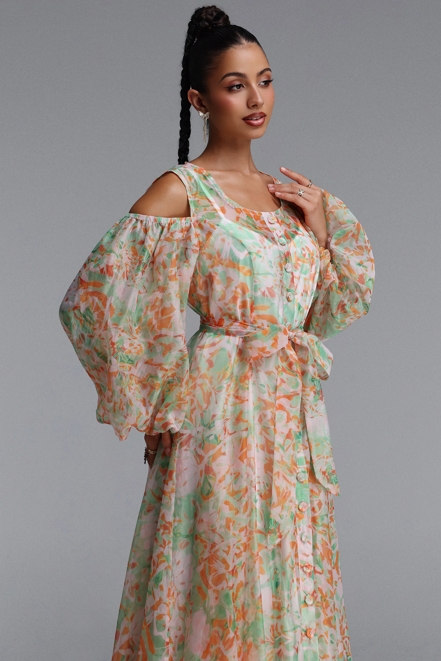 Harriet Romantic Flowy Long Sleeve Floral Print Organza Maxi Dress