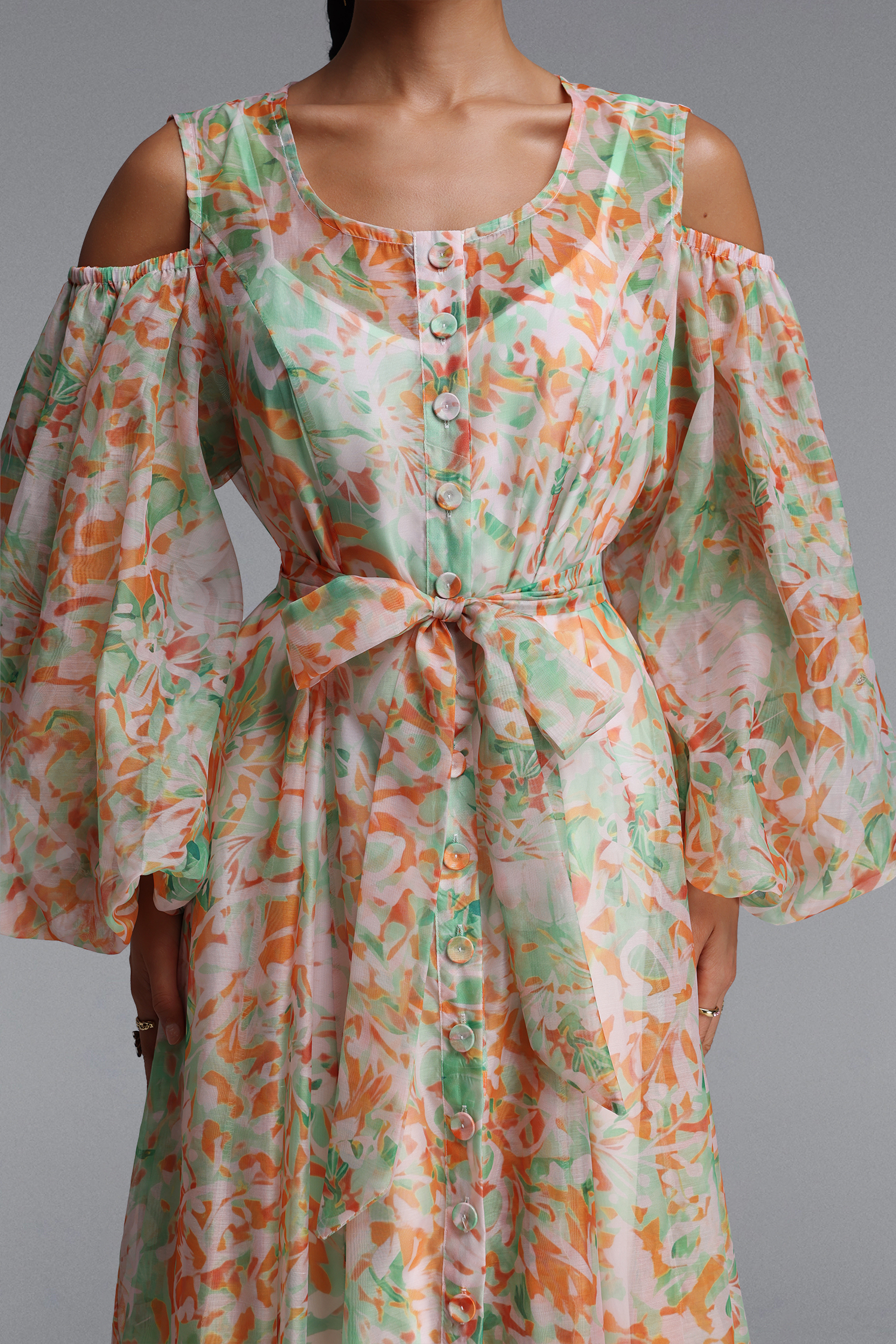 Harriet Romantic Flowy Long Sleeve Floral Print Organza Maxi Dress