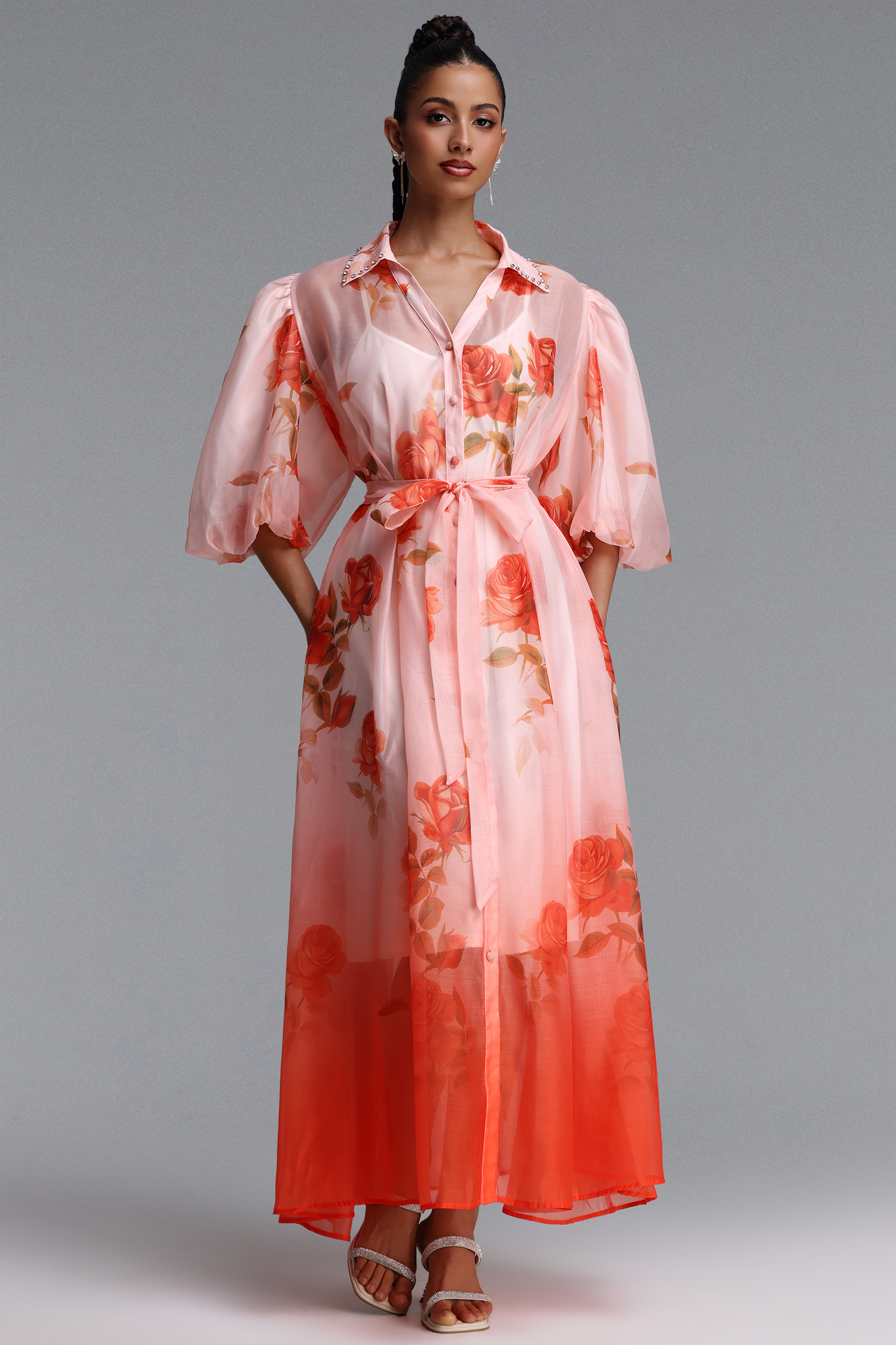 Thea Romantic Flowy Puff Sleeve Floral Print Woven Maxi Dress
