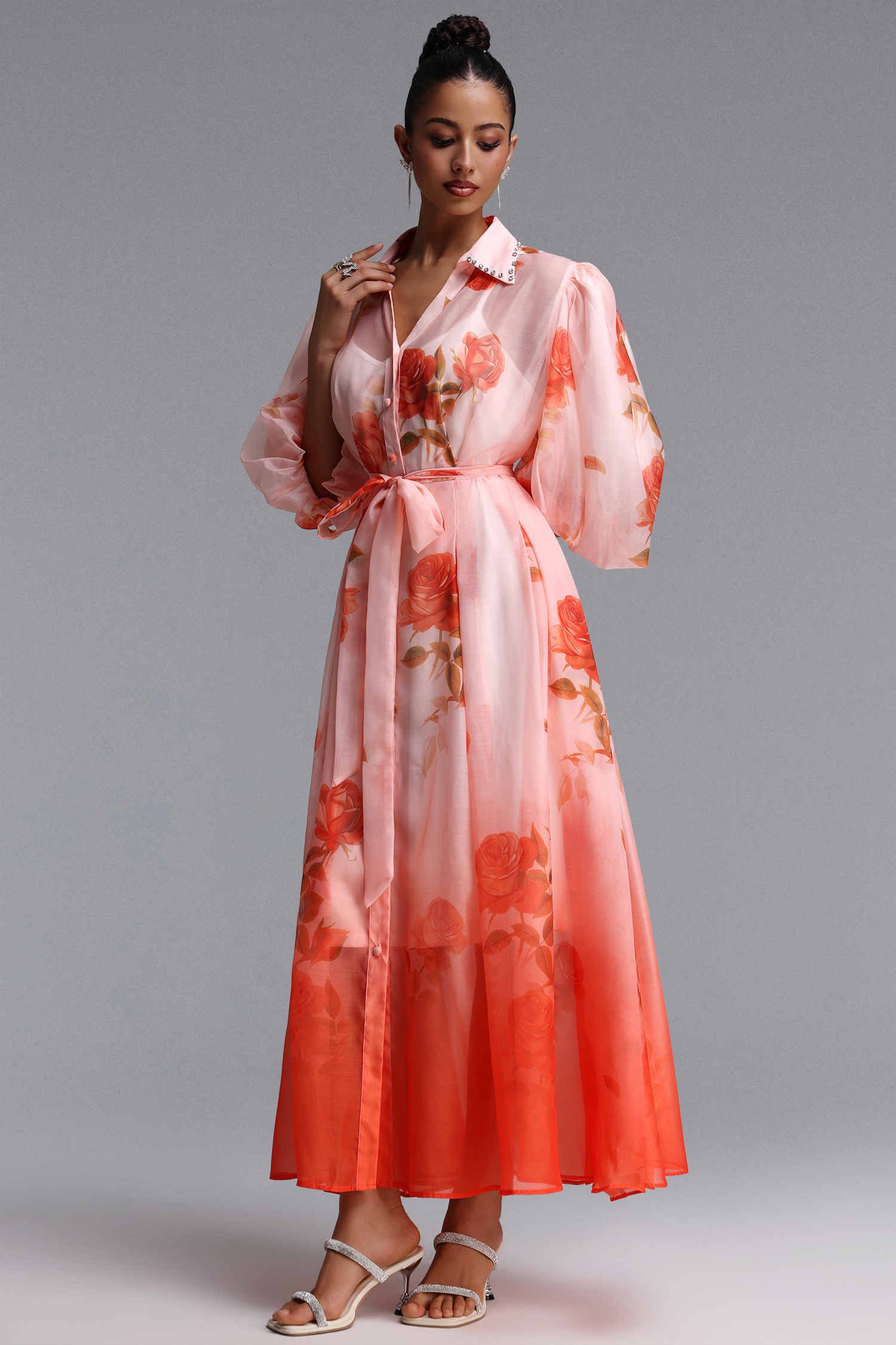 Thea Romantic Flowy Puff Sleeve Floral Print Woven Maxi Dress