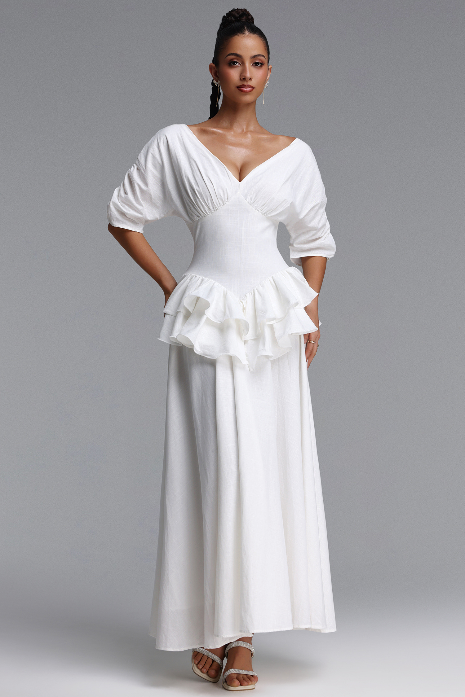Tyler Romantic Flowy Short Sleeve Ruffle Woven Maxi Dress