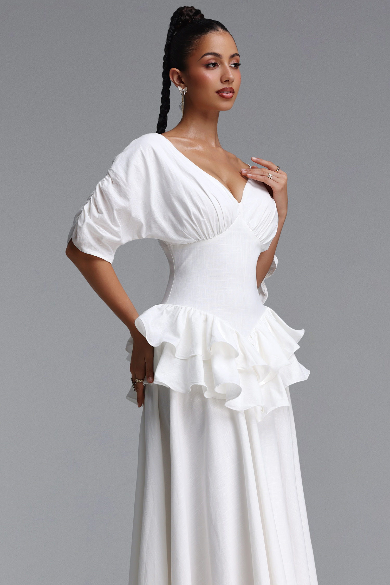 Tyler Romantic Flowy Short Sleeve Ruffle Woven Maxi Dress