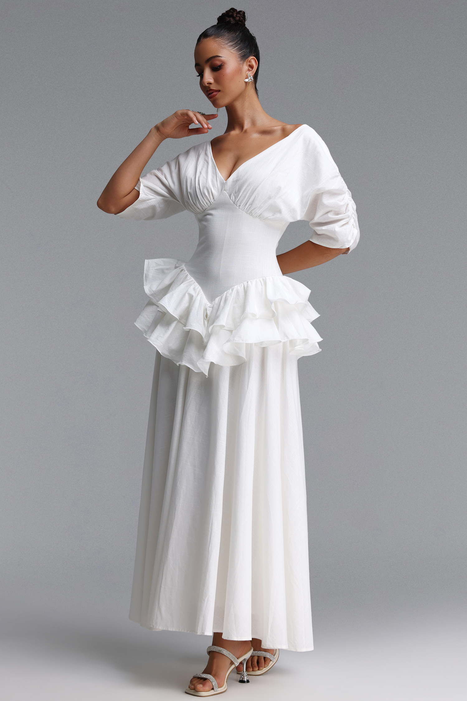 Tyler Romantic Flowy Short Sleeve Ruffle Woven Maxi Dress