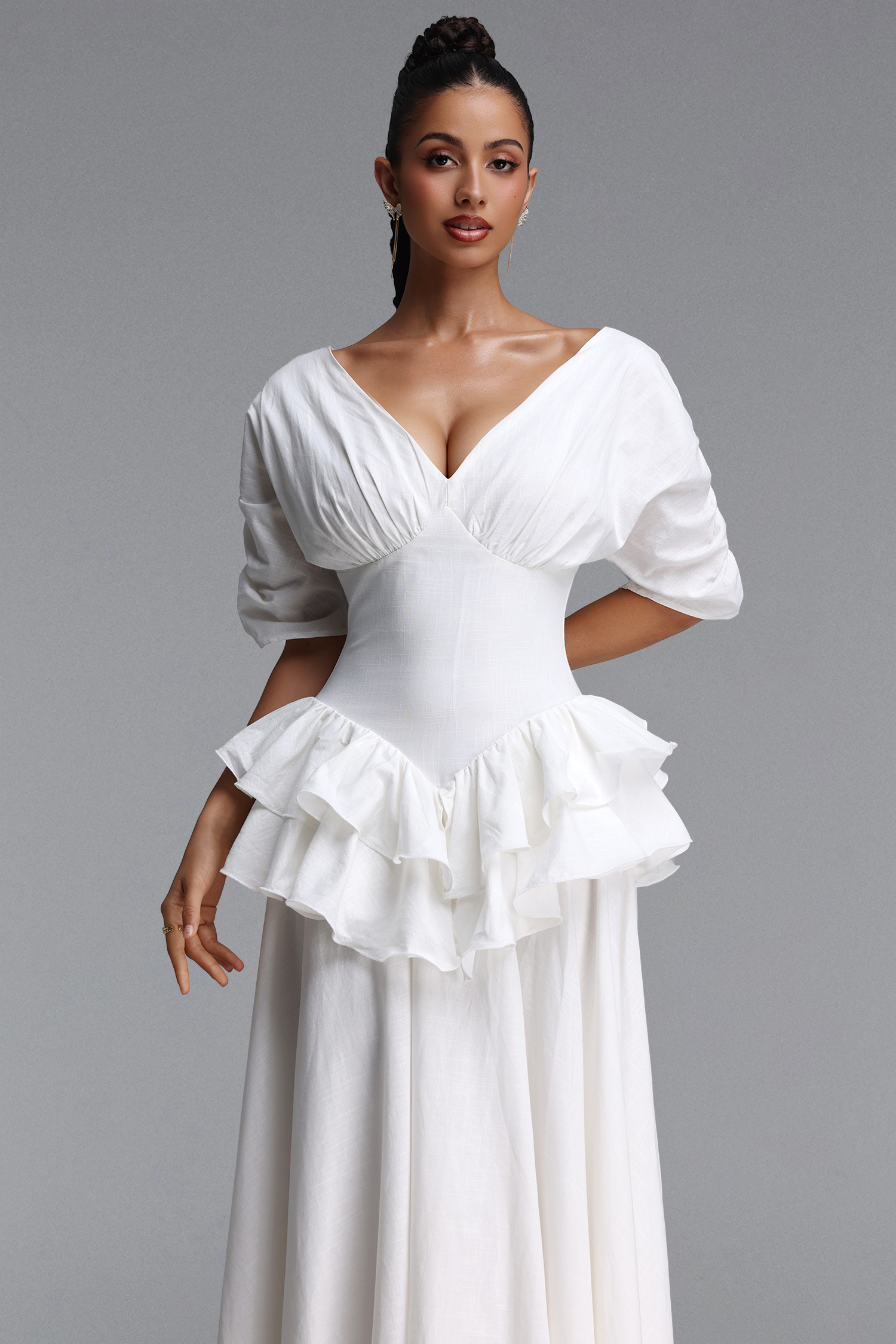 Tyler Romantic Flowy Short Sleeve Ruffle Woven Maxi Dress