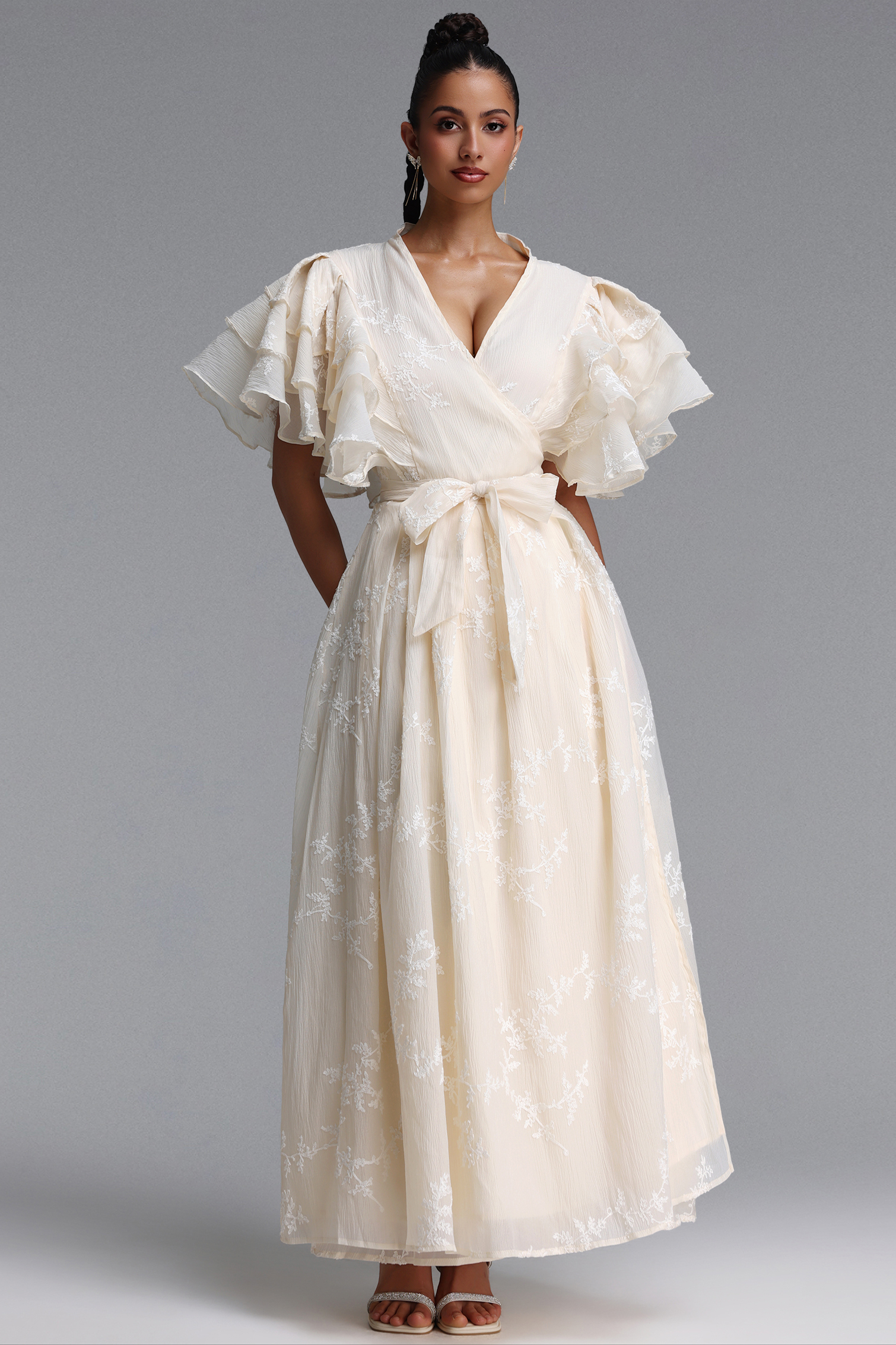 Elin Romantic Flowy Floral Embroidered Ruffle Woven Maxi Dress