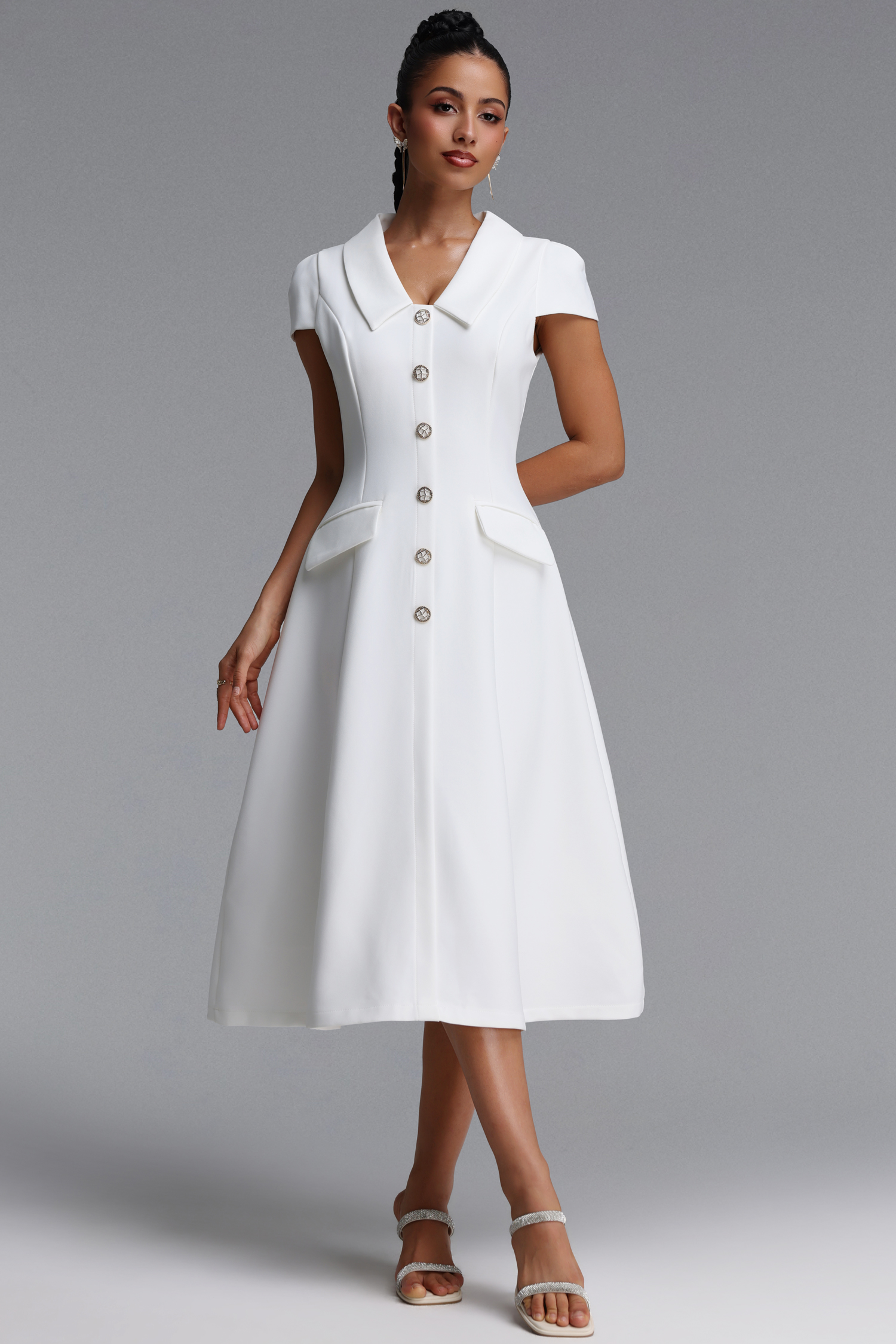 Olapa Elegant Tailored Shirt Collar Woven Maxi Dress