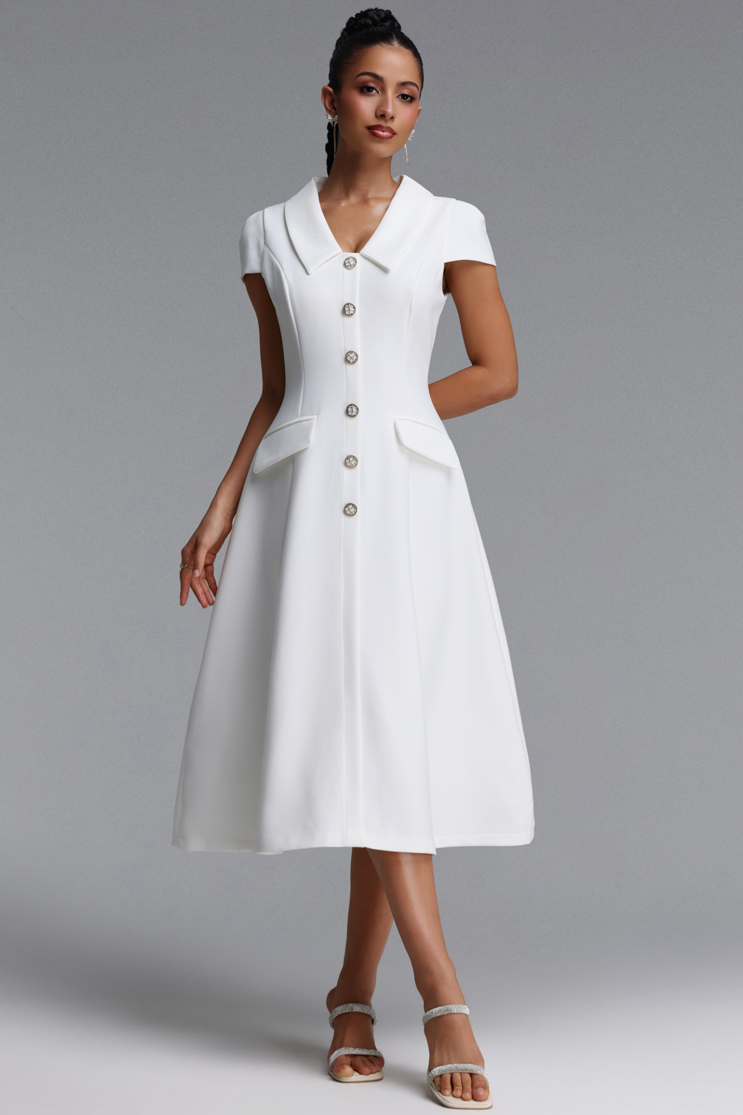 Olapa Elegant Tailored Shirt Collar Woven Maxi Dress