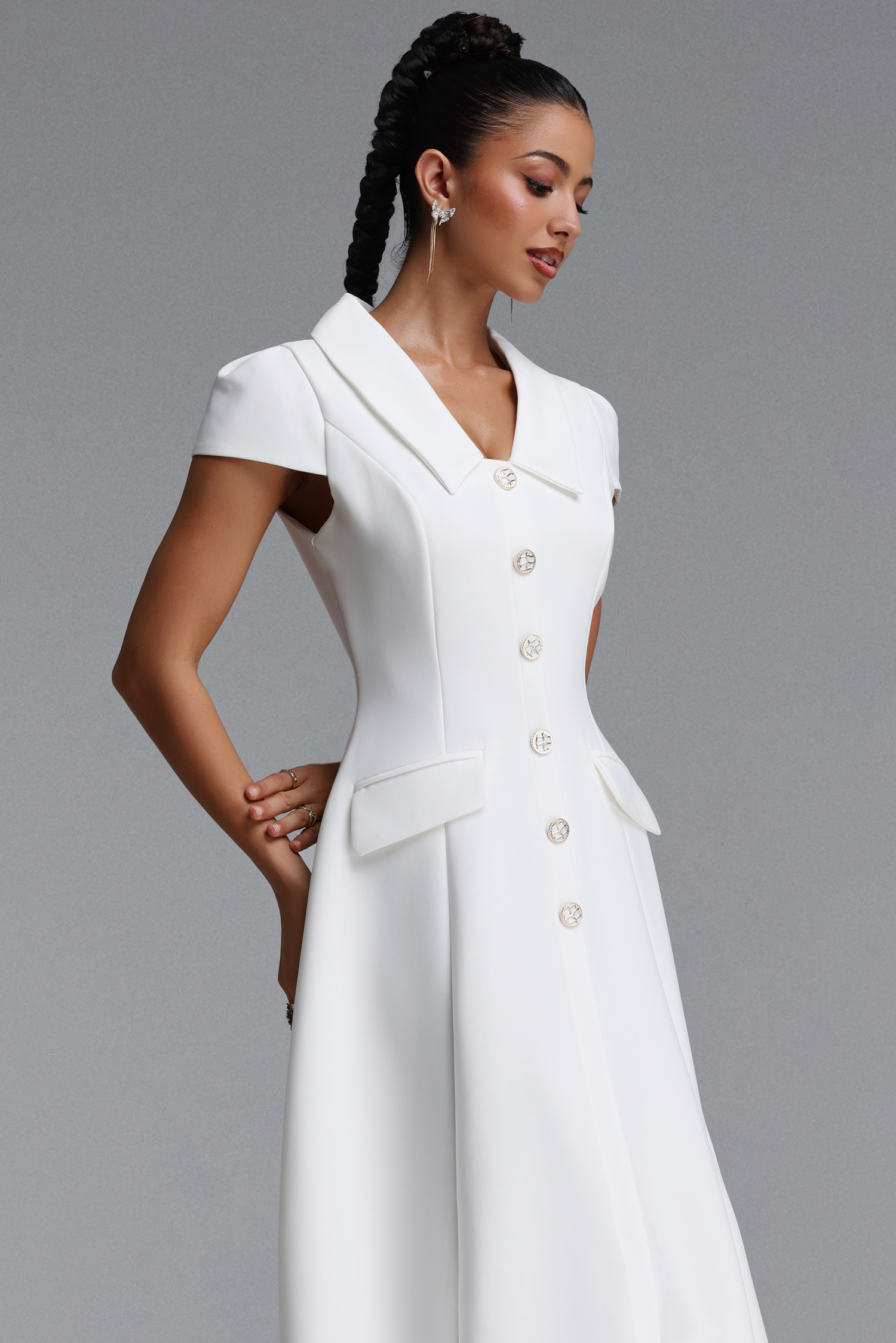 Olapa Elegant Tailored Shirt Collar Woven Maxi Dress