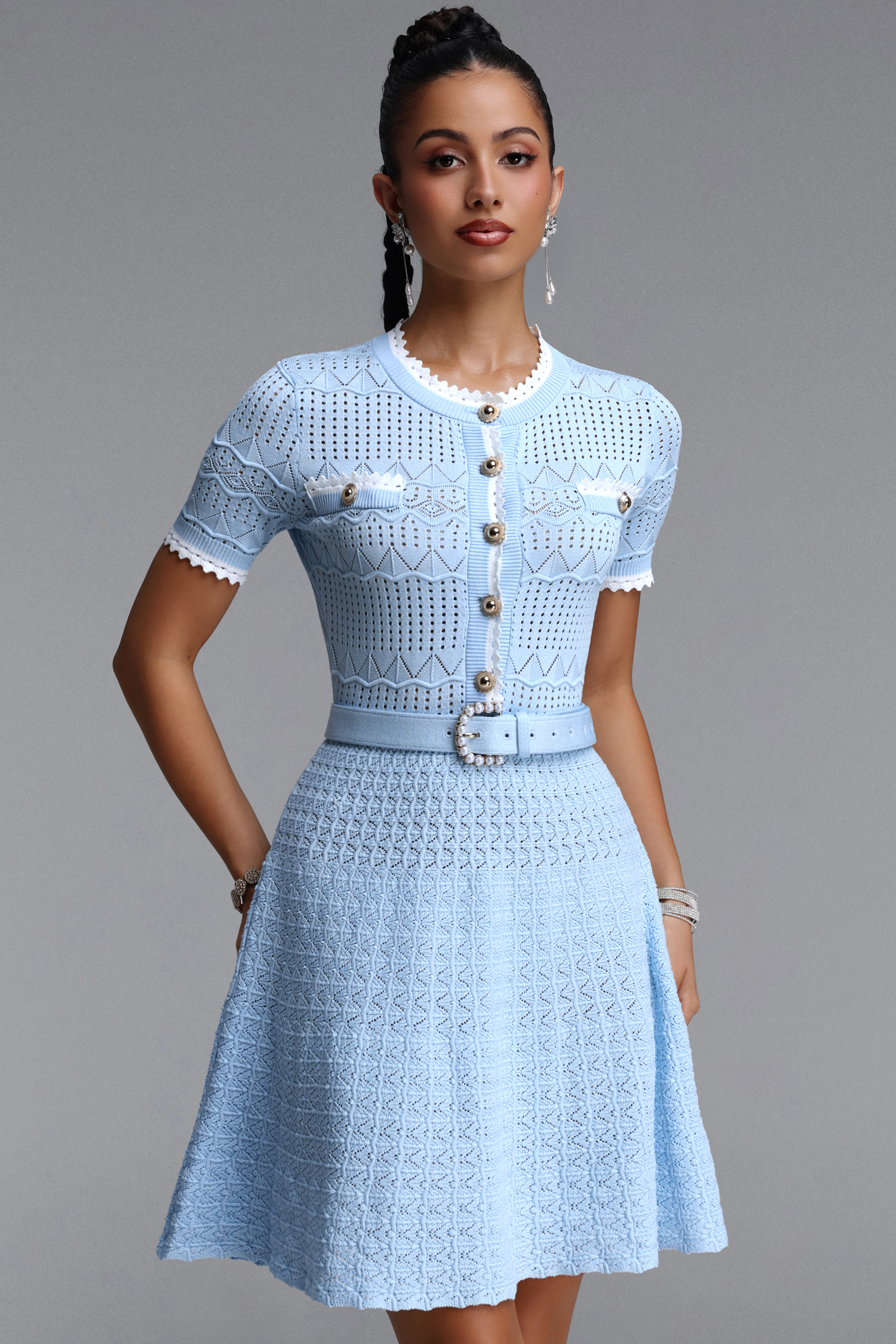 Yoland Romantic Contour Short Sleeve Knit Mini Dress