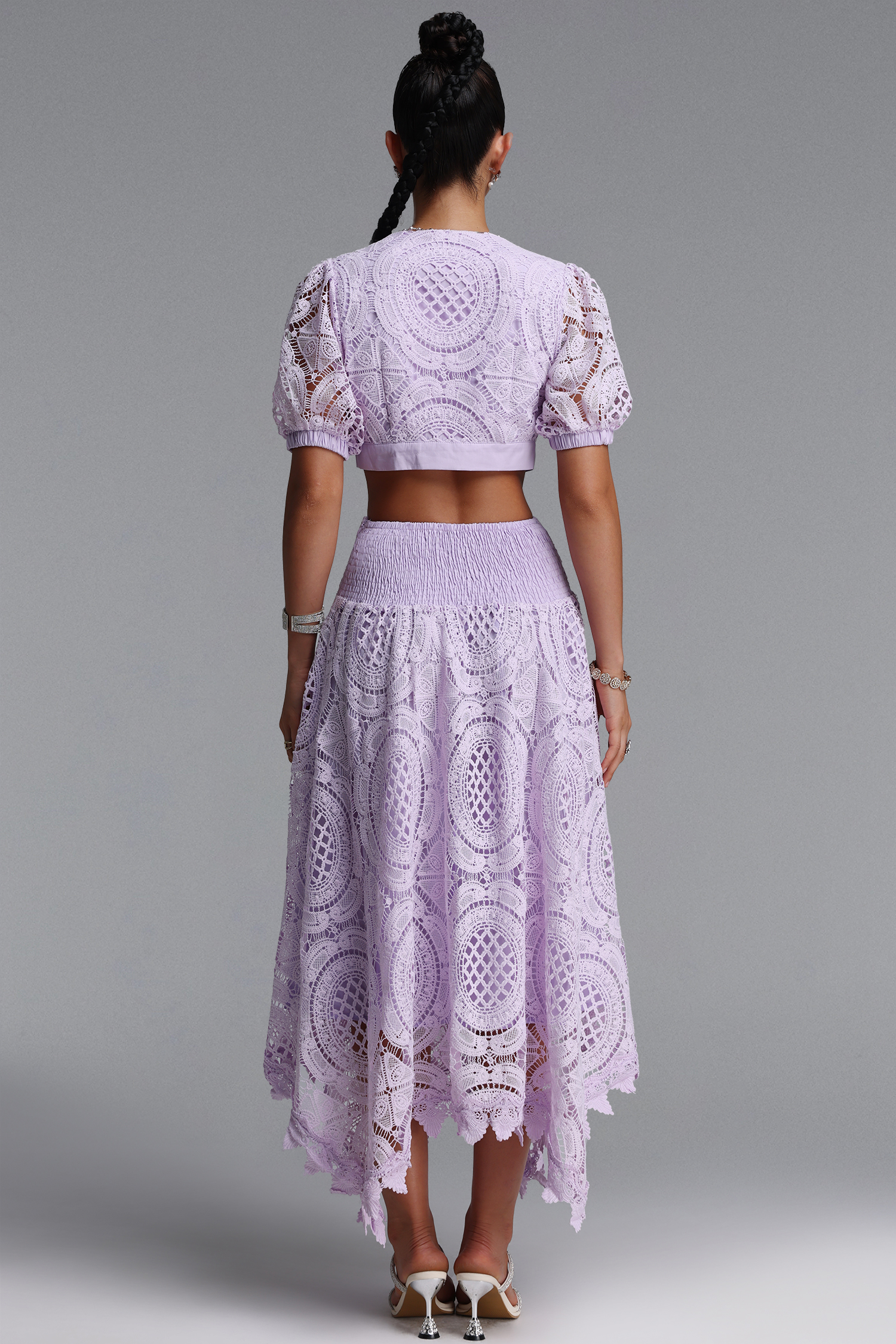 Dazze Romantic Tailored Puff Sleeve Bow Lace Top and Skirt Two Piece Set