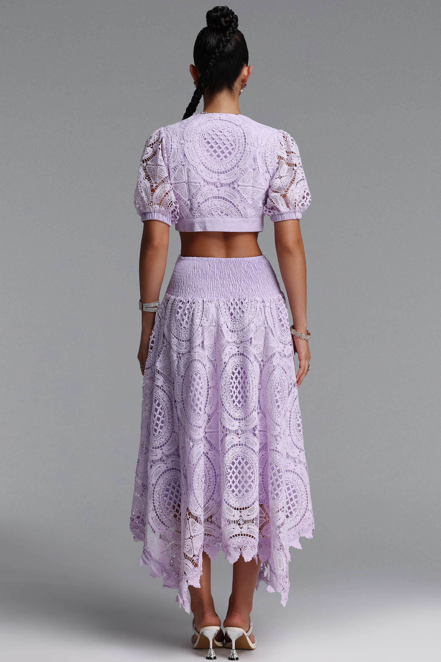 Dazze Romantic Tailored Puff Sleeve Bow Lace Top and Skirt Two Piece Set