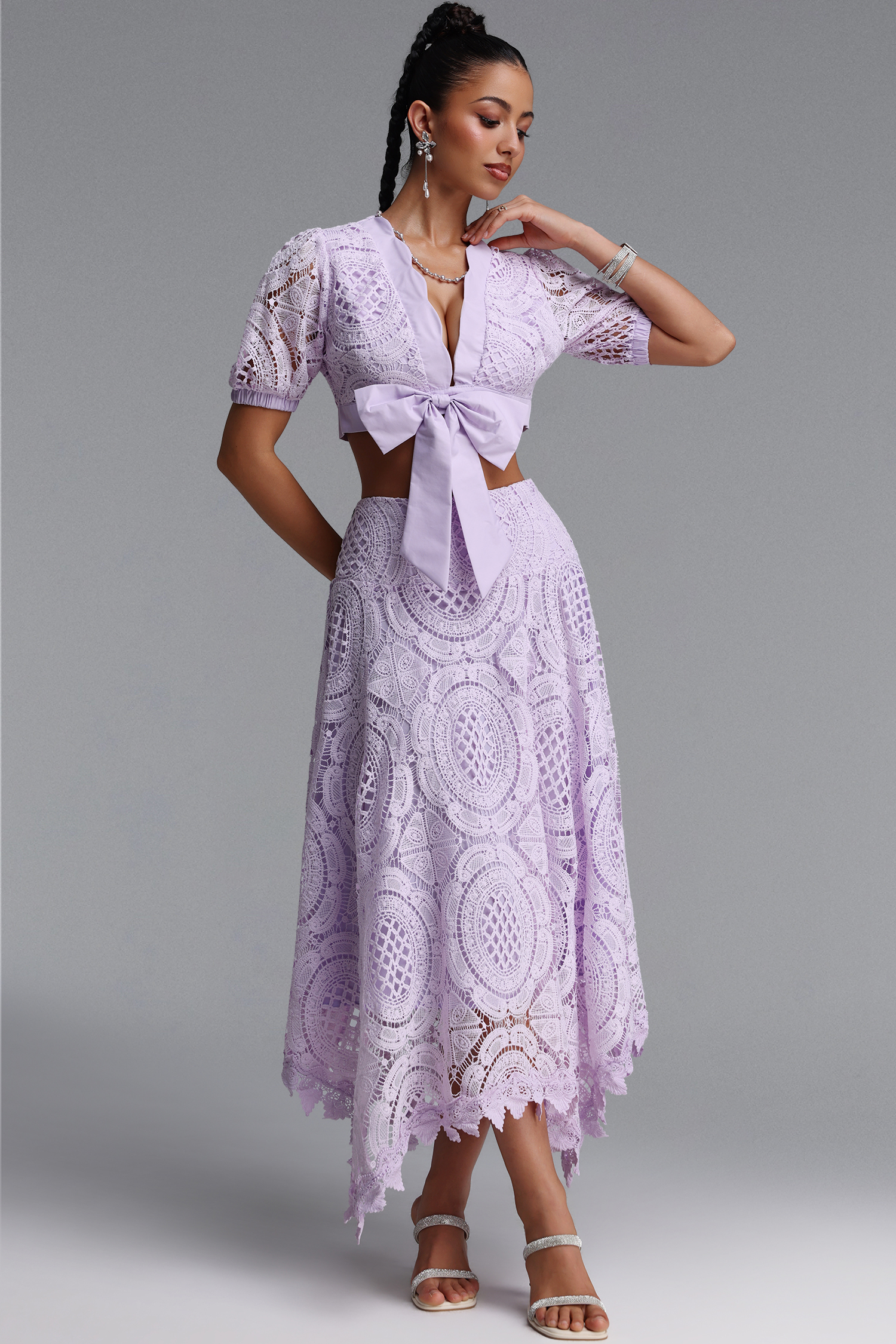 Dazze Romantic Tailored Puff Sleeve Bow Lace Top and Skirt Two Piece Set
