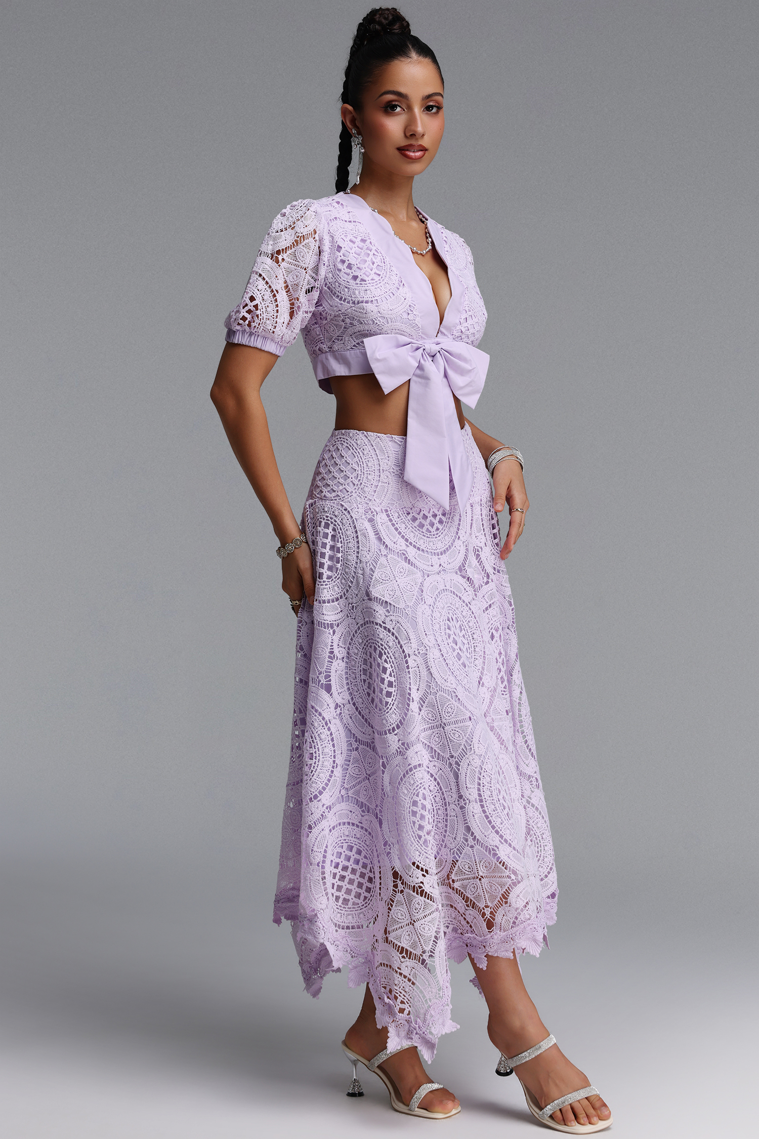 Dazze Romantic Tailored Puff Sleeve Bow Lace Top and Skirt Two Piece Set