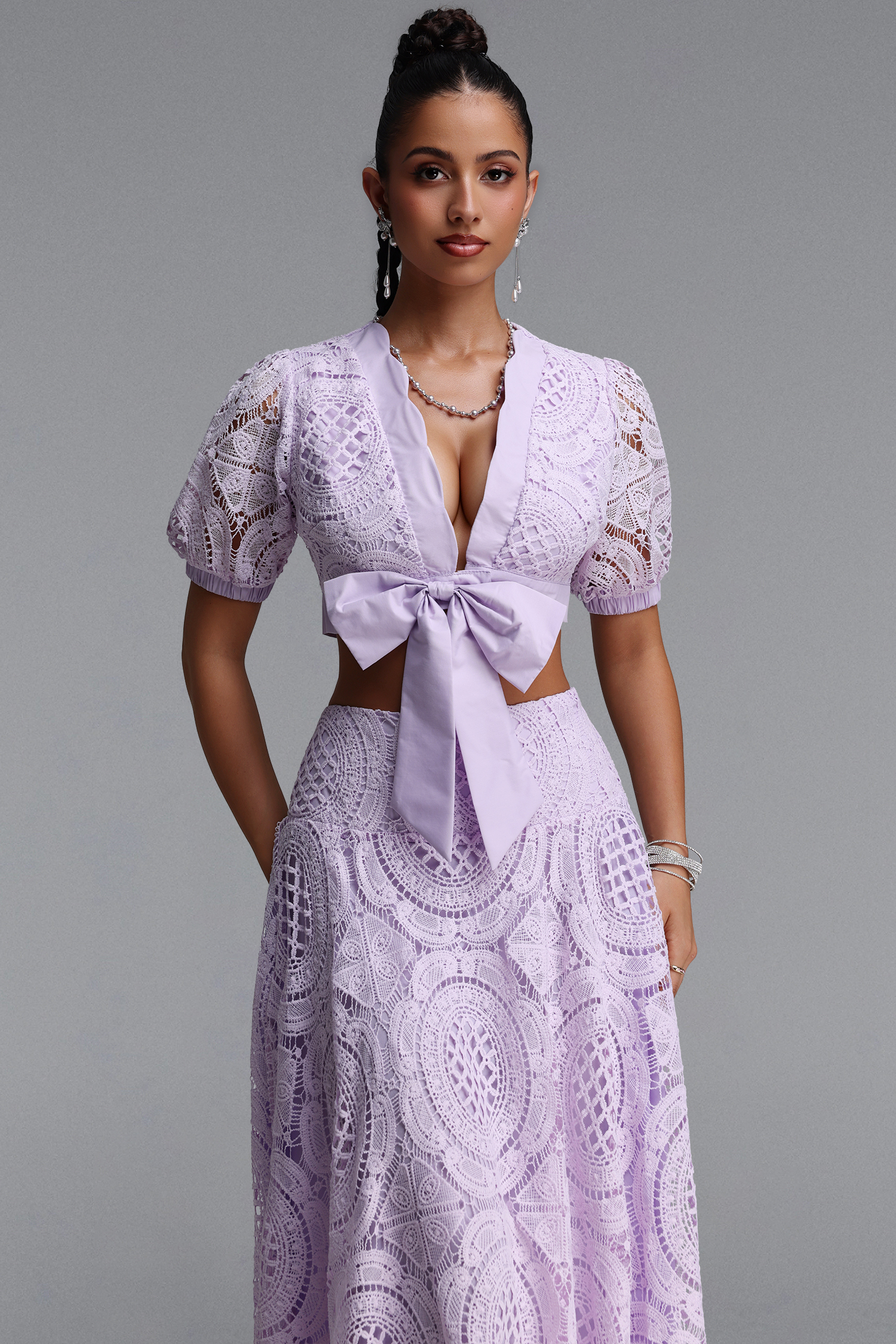 Dazze Romantic Tailored Puff Sleeve Bow Lace Top and Skirt Two Piece Set